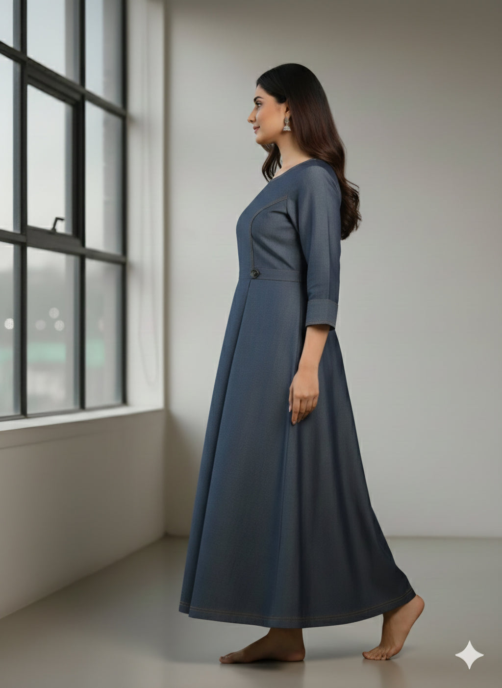 Elegant Indigo Denim A-Line Maxi Dress with Contrast StitchingPrincess Cut with Button Details