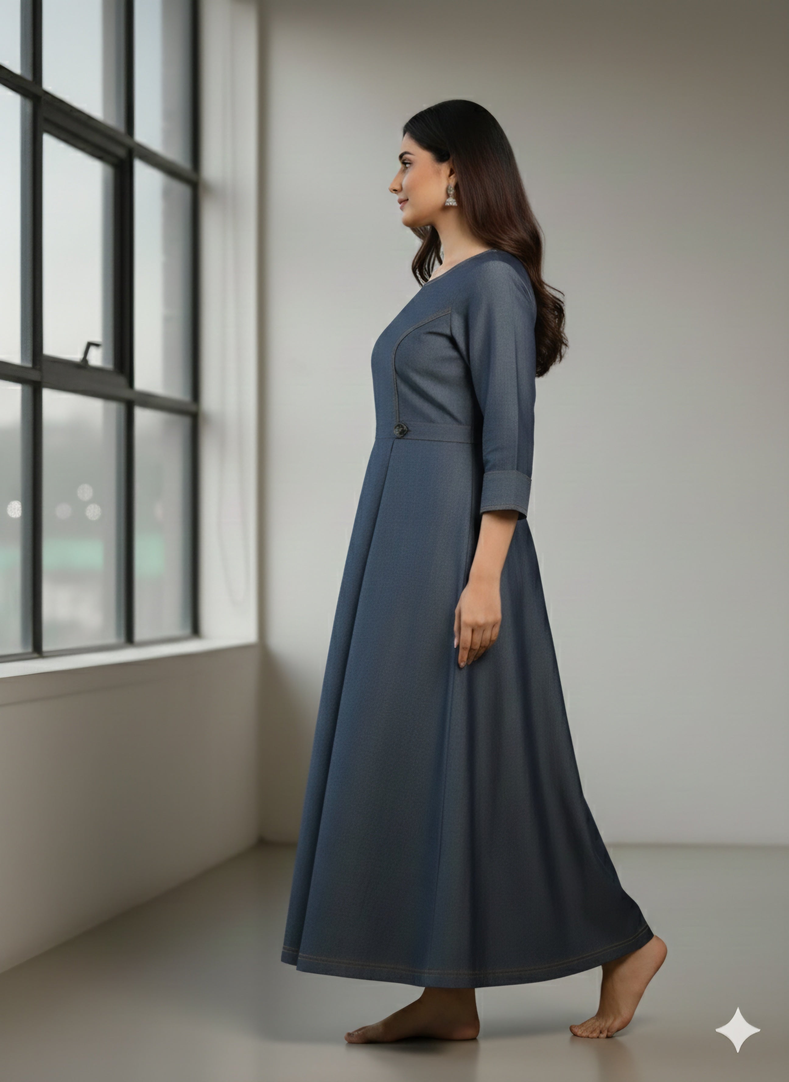 Elegant Indigo Denim A-Line Maxi Dress with Contrast StitchingPrincess Cut with Button Details