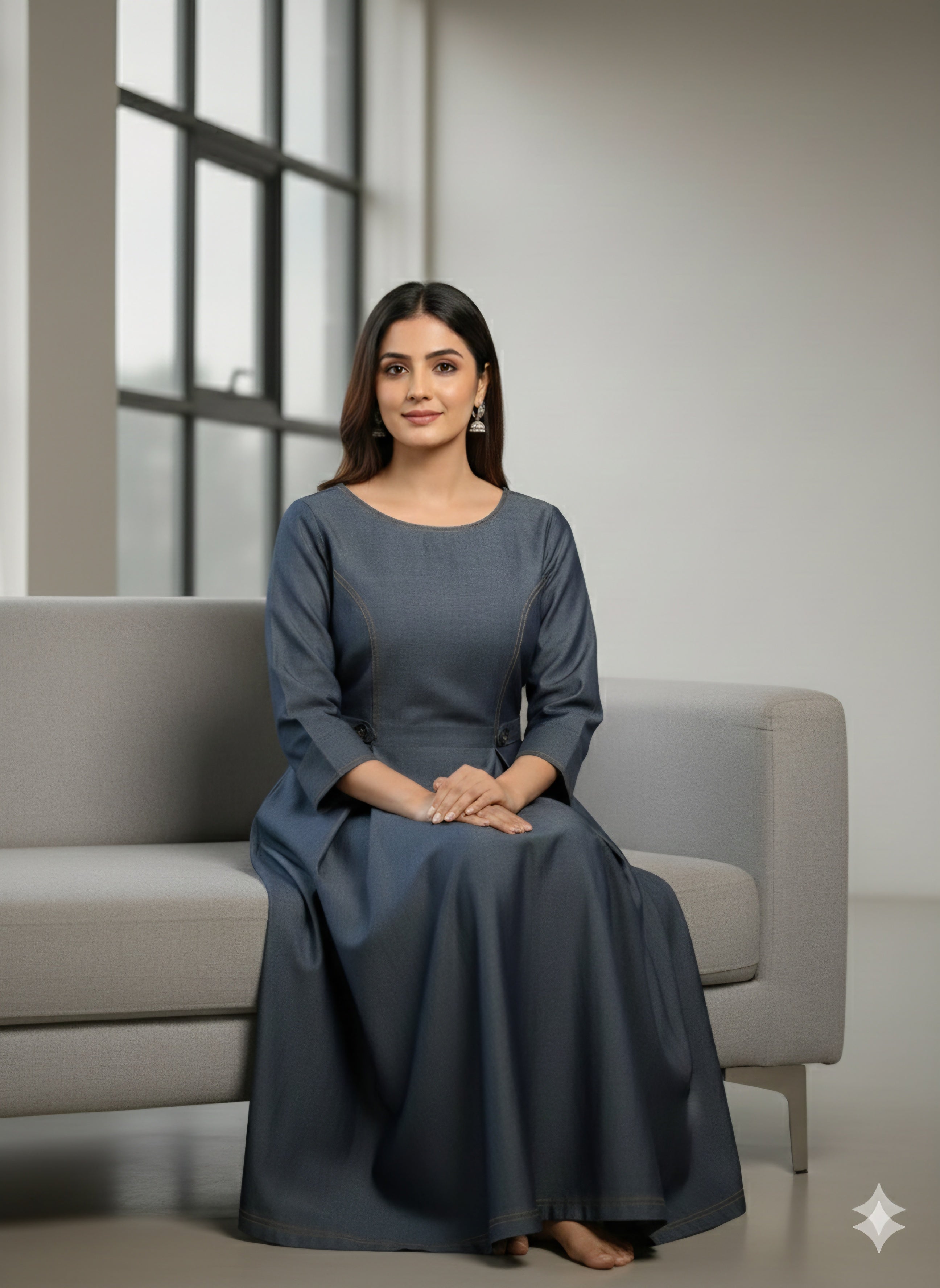 Elegant Indigo Denim A-Line Maxi Dress with Contrast StitchingPrincess Cut with Button Details