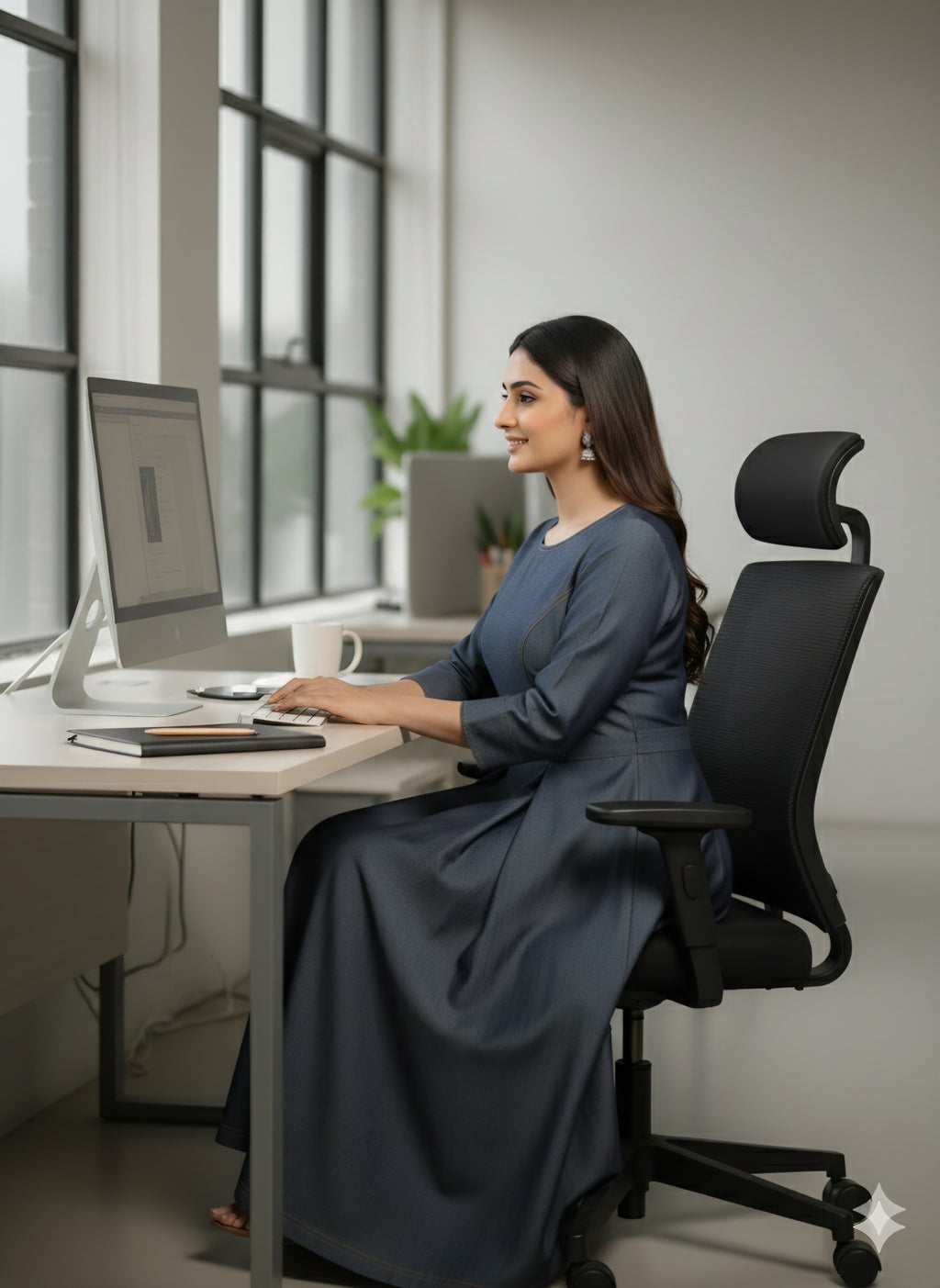 Elegant Indigo Denim A-Line Maxi Dress with Contrast StitchingPrincess Cut with Button Details