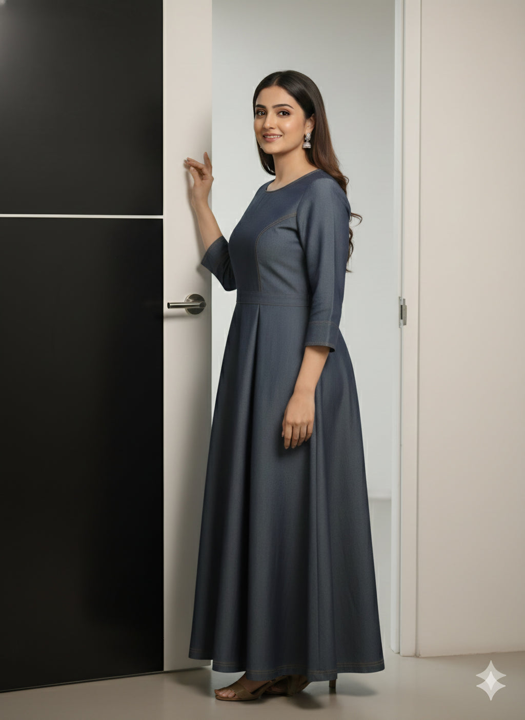 Elegant Indigo Denim A-Line Maxi Dress with Contrast StitchingPrincess Cut with Button Details