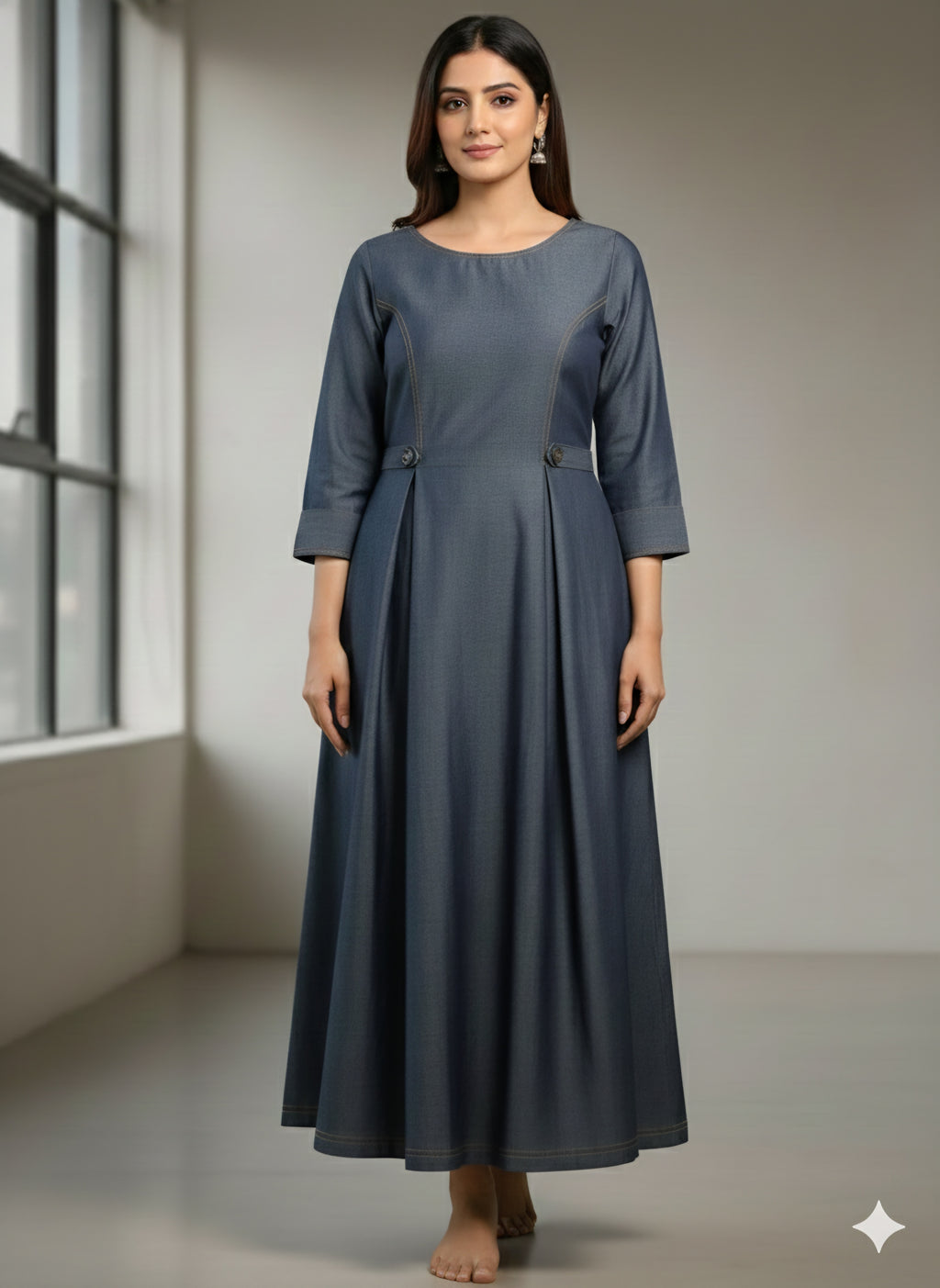 Elegant Indigo Denim A-Line Maxi Dress with Contrast StitchingPrincess Cut with Button Details