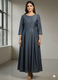 Elegant Indigo Denim A-Line Maxi Dress with Contrast StitchingPrincess Cut with Button Details