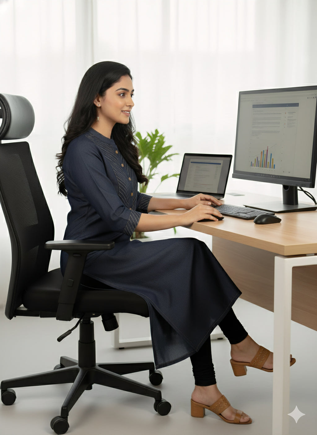 Premium Denim Straight Kurti - Thread-work Yoke with Wooden Buttons