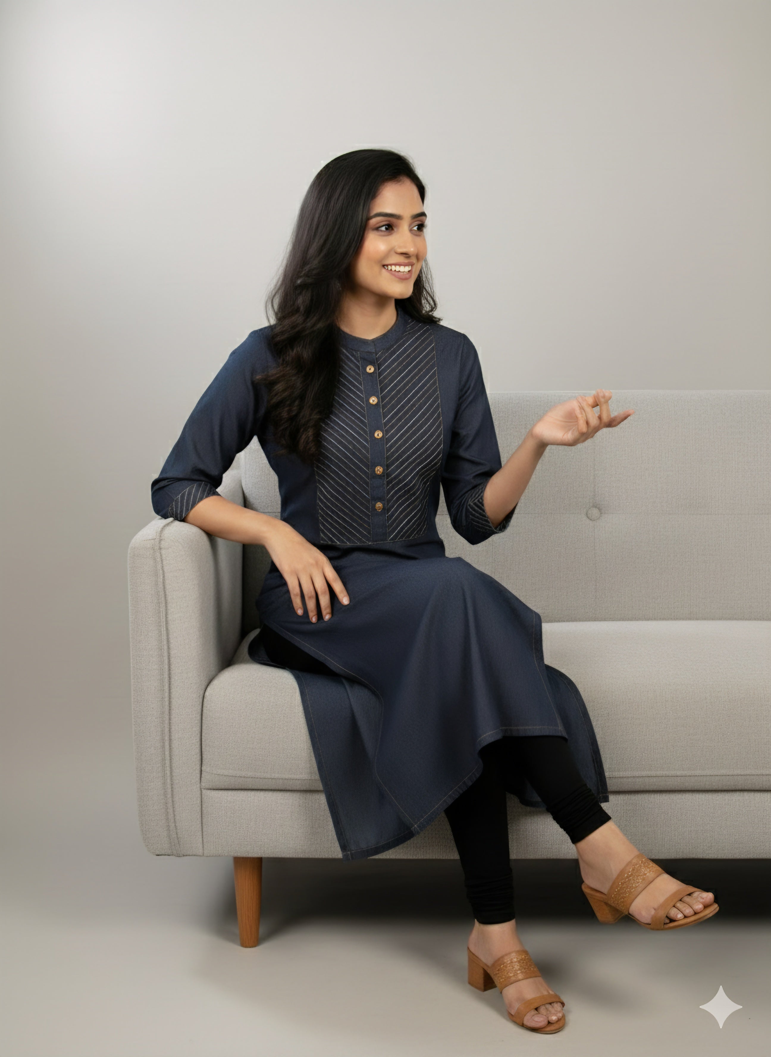 Premium Denim Straight Kurti - Thread-work Yoke with Wooden Buttons