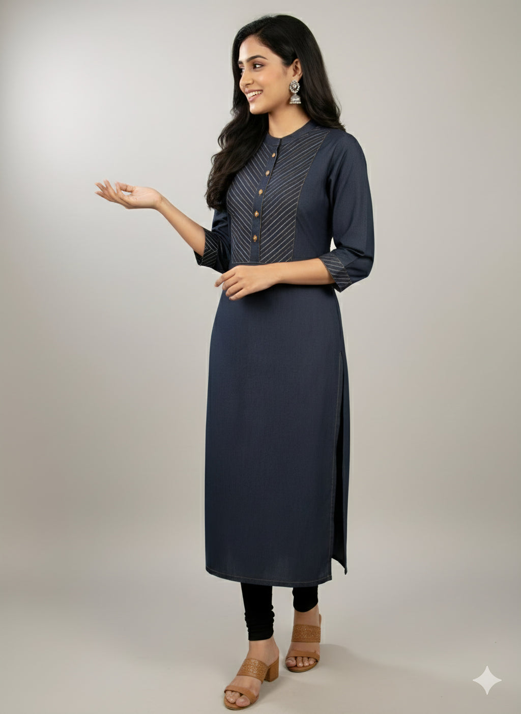 Premium Denim Straight Kurti - Thread-work Yoke with Wooden Buttons