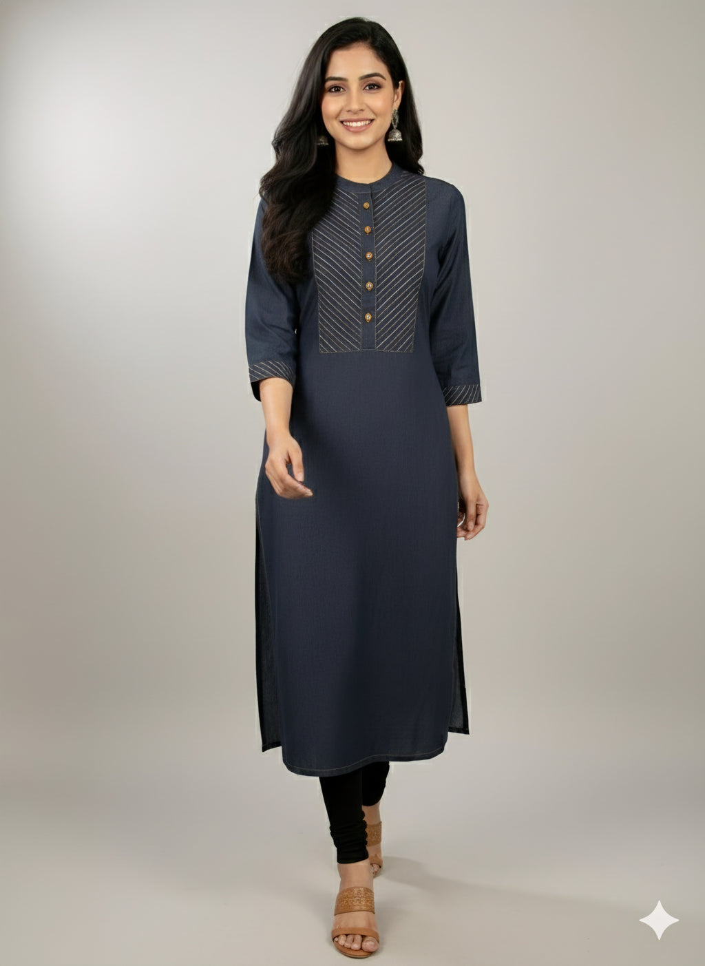 Premium Denim Straight Kurti - Thread-work Yoke with Wooden Buttons