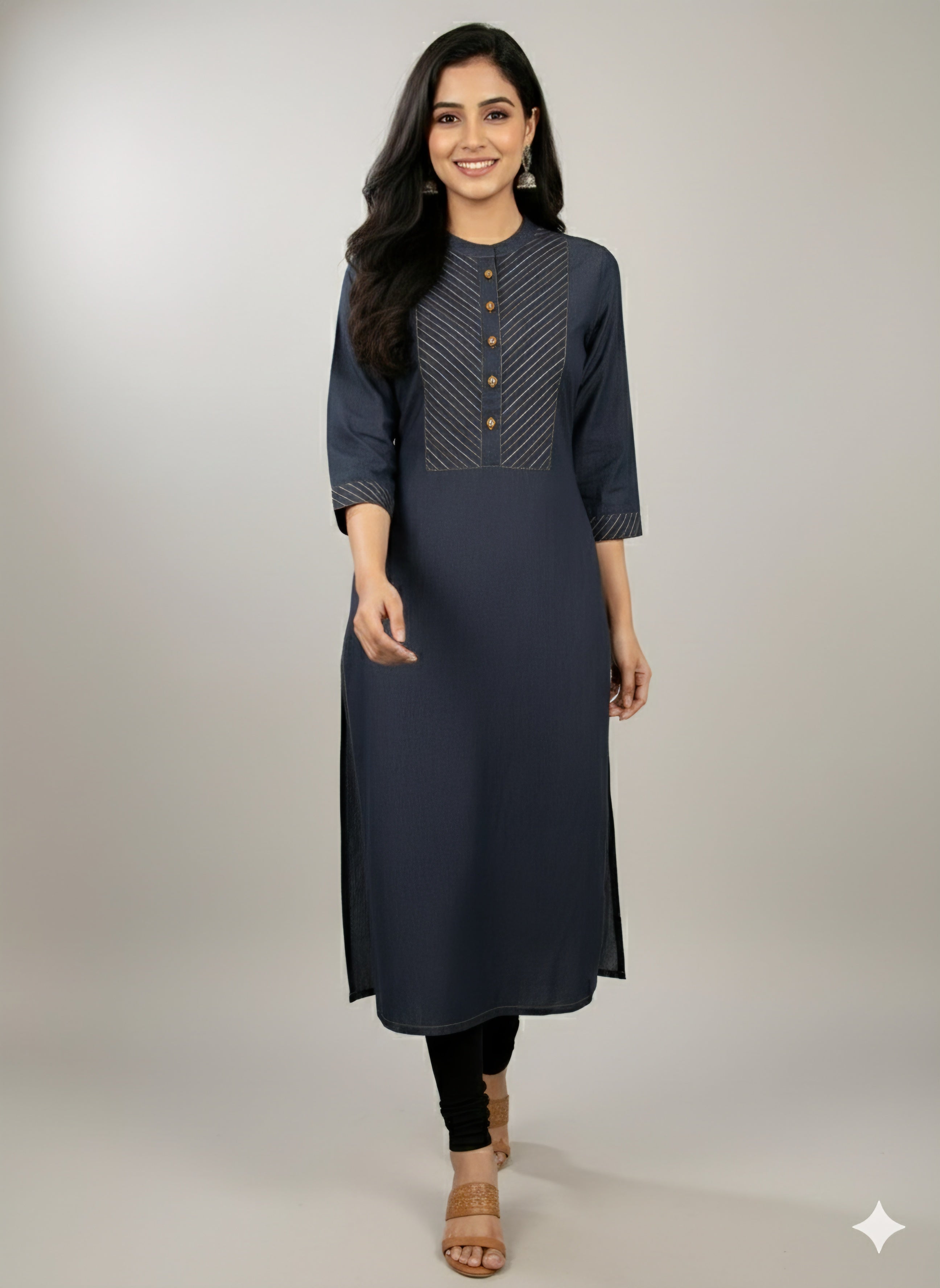 Premium Denim Straight Kurti - Thread-work Yoke with Wooden Buttons