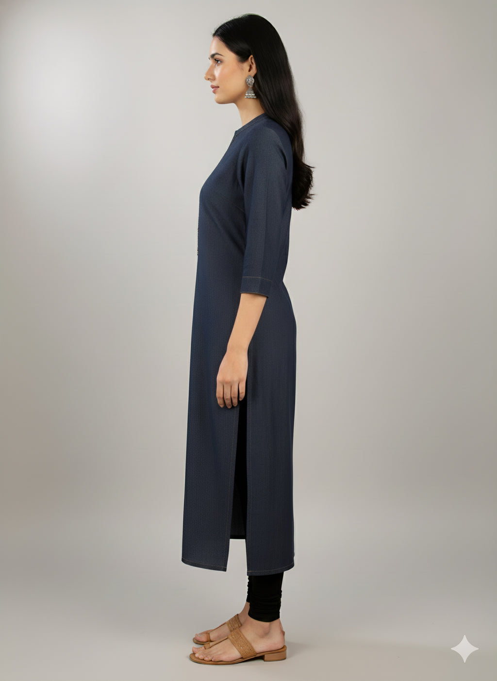 Premium Denim Straight Kurti - Thread-work Yoke with Wooden Buttons