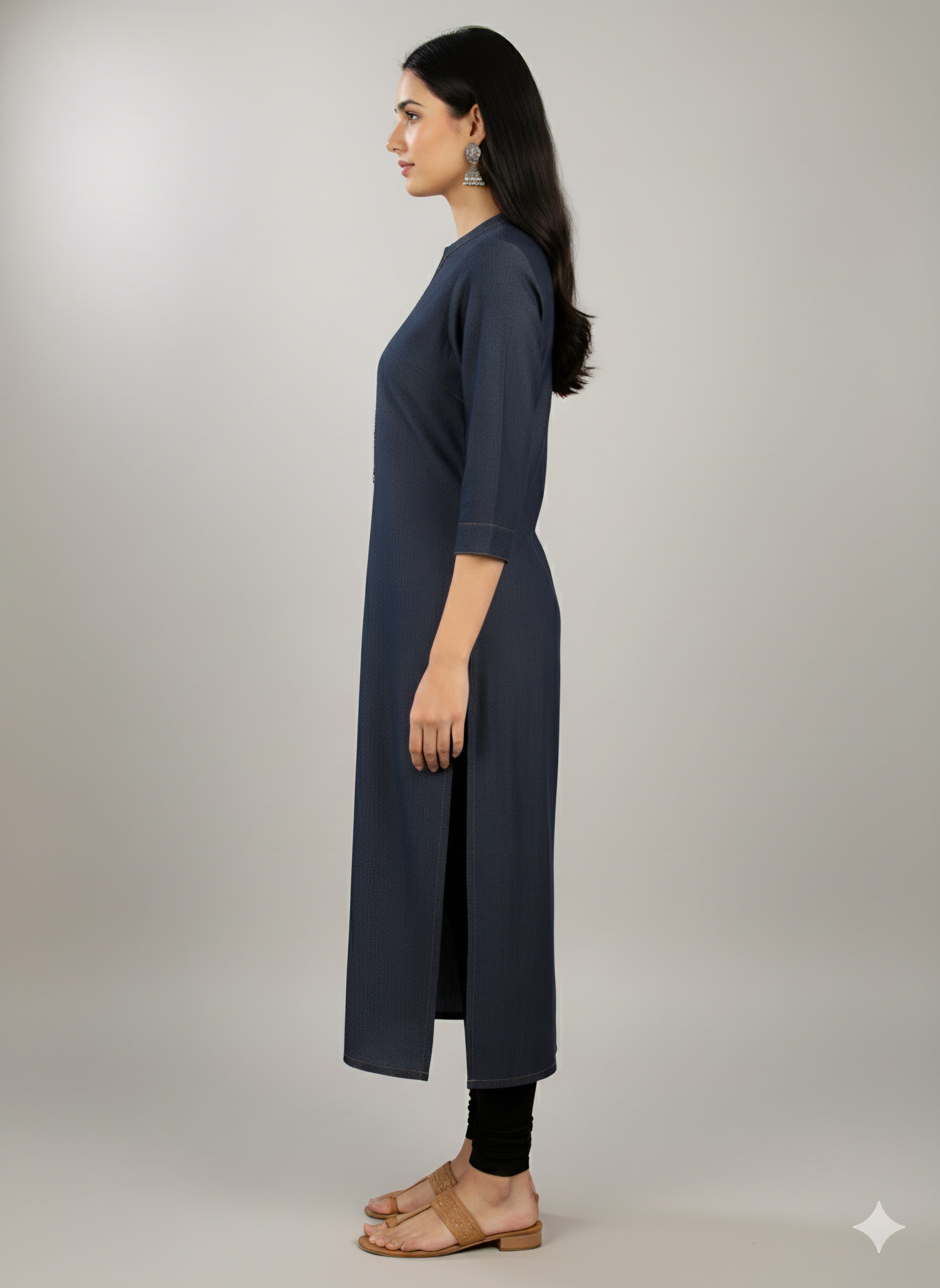 Premium Denim Straight Kurti - Thread-work Yoke with Wooden Buttons