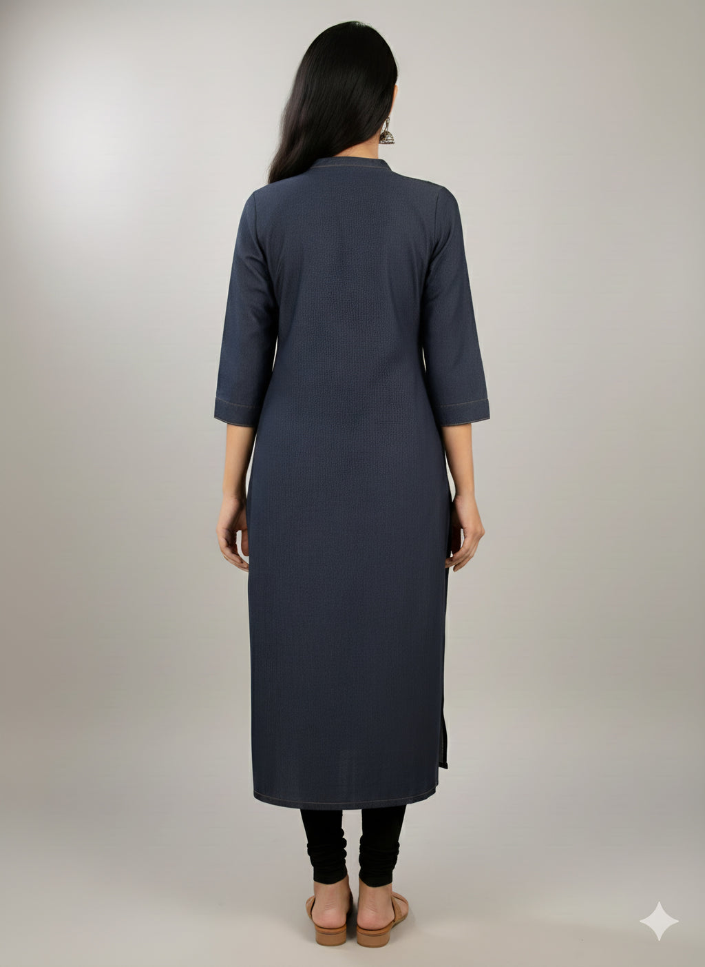 Premium Denim Straight Kurti - Thread-work Yoke with Wooden Buttons