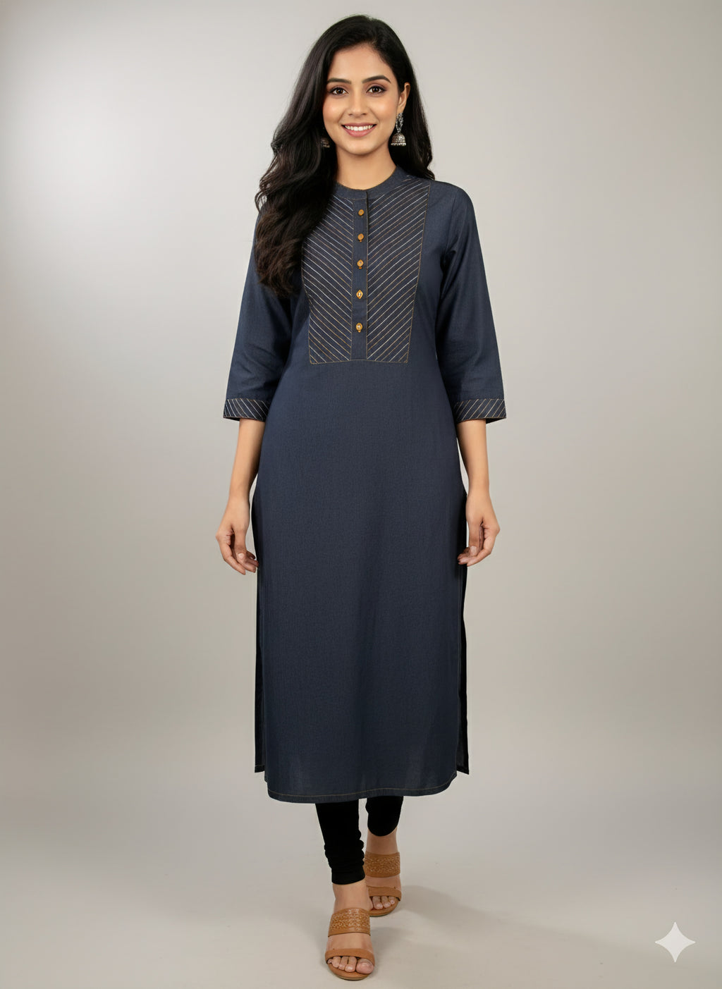 Premium Denim Straight Kurti - Thread-work Yoke with Wooden Buttons
