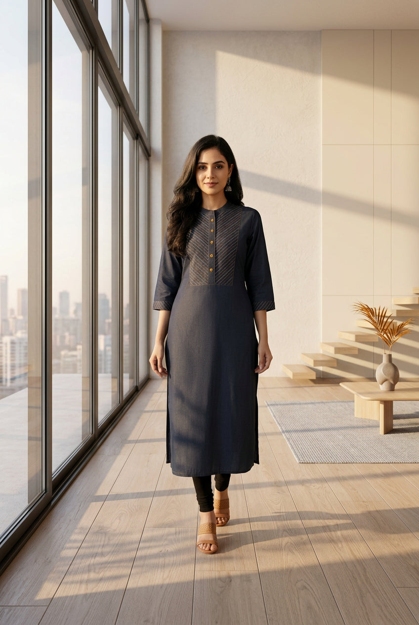 Premium Denim Straight Kurti - Thread-work Yoke with Wooden Buttons