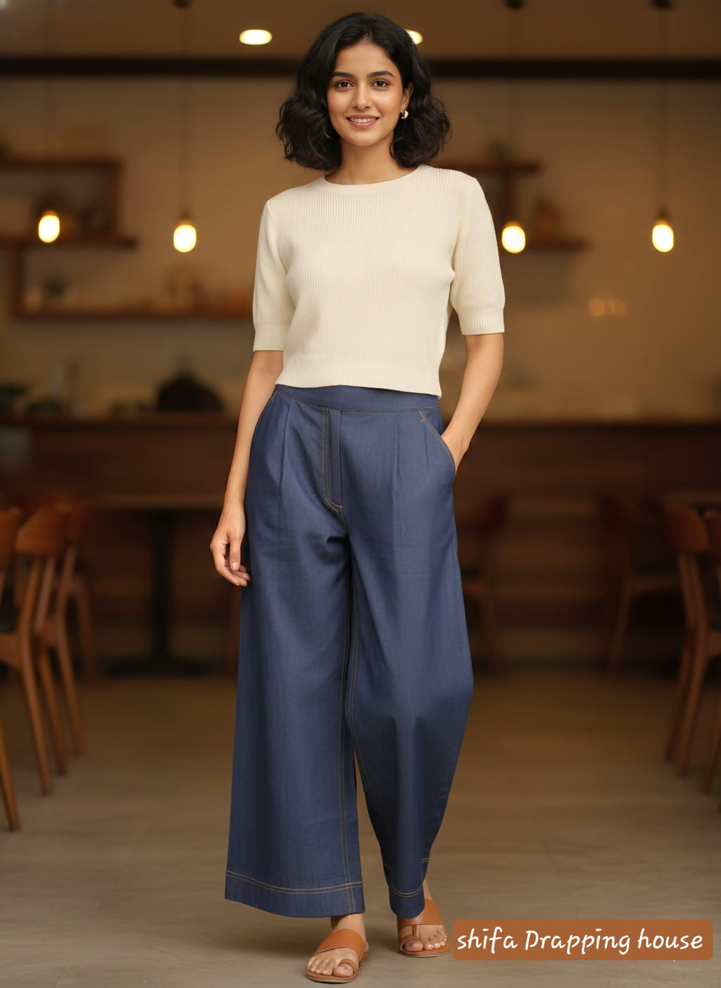 "Shifa Drapping House: Premium Soft Denim Palazzo Pants with Elasticated Back