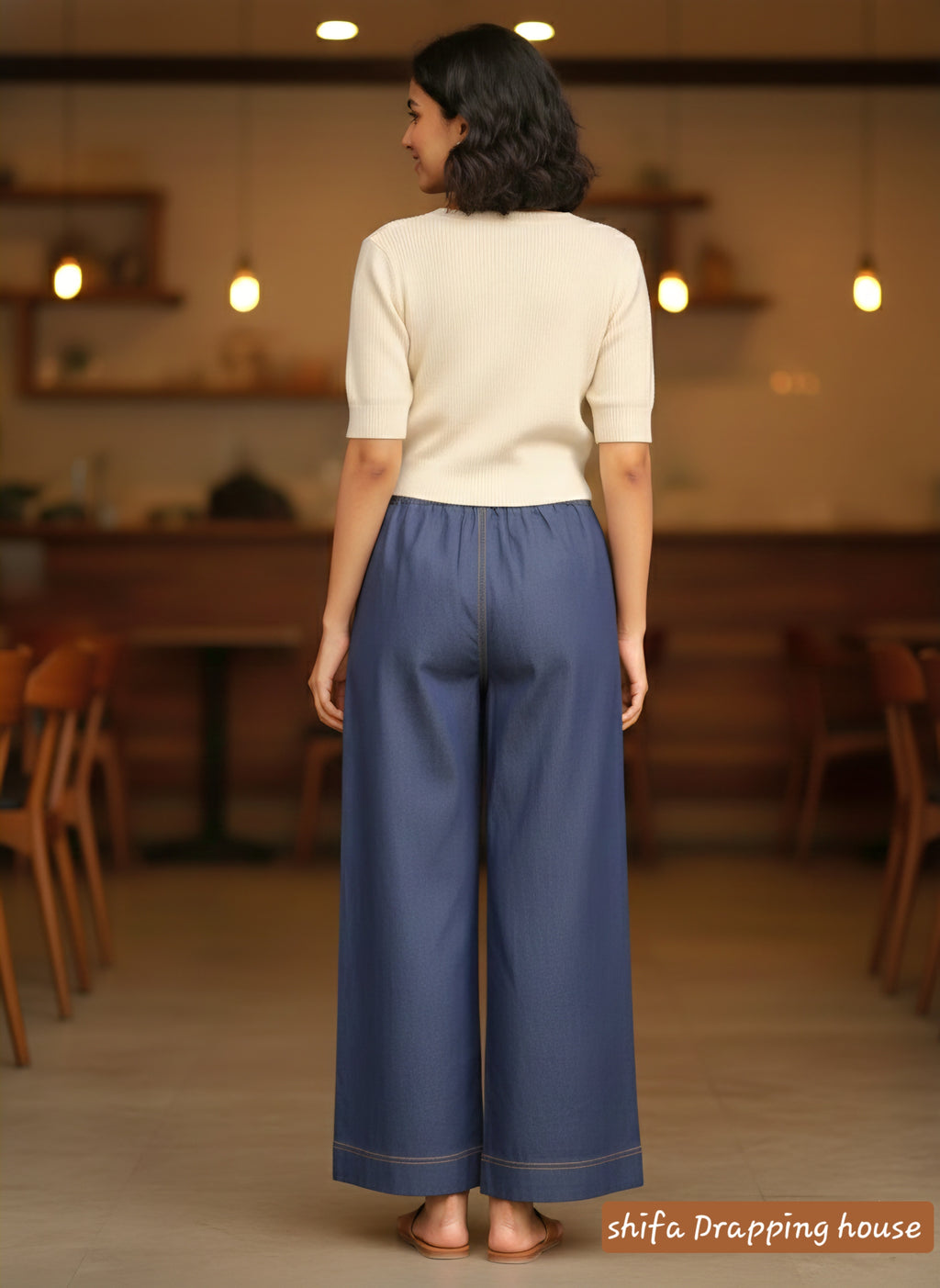 "Shifa Drapping House: Premium Soft Denim Palazzo Pants with Elasticated Back