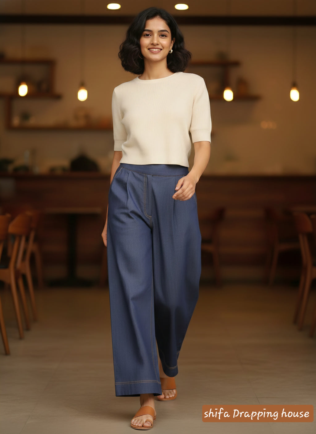 "Shifa Drapping House: Premium Soft Denim Palazzo Pants with Elasticated Back
