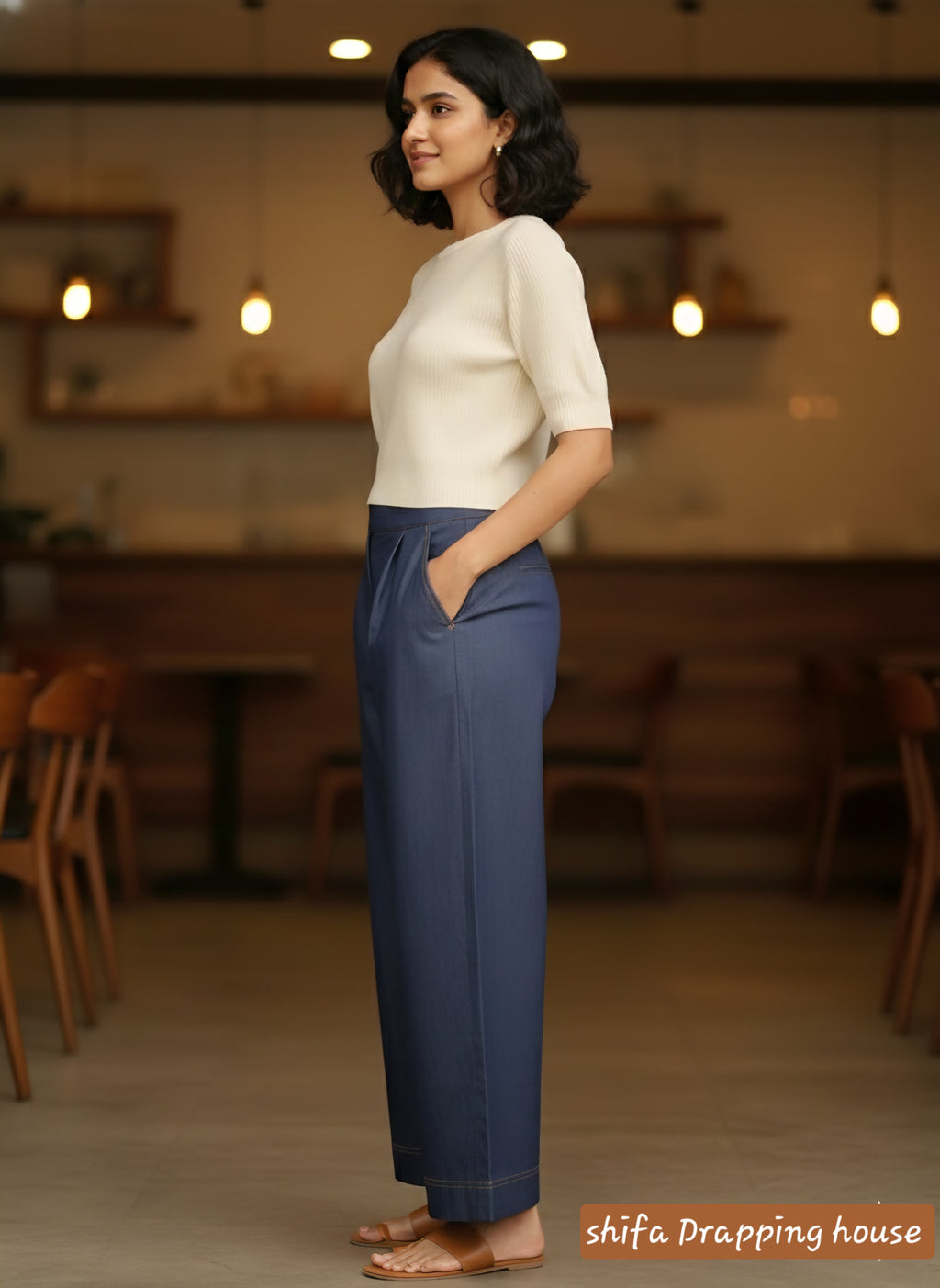"Shifa Drapping House: Premium Soft Denim Palazzo Pants with Elasticated Back