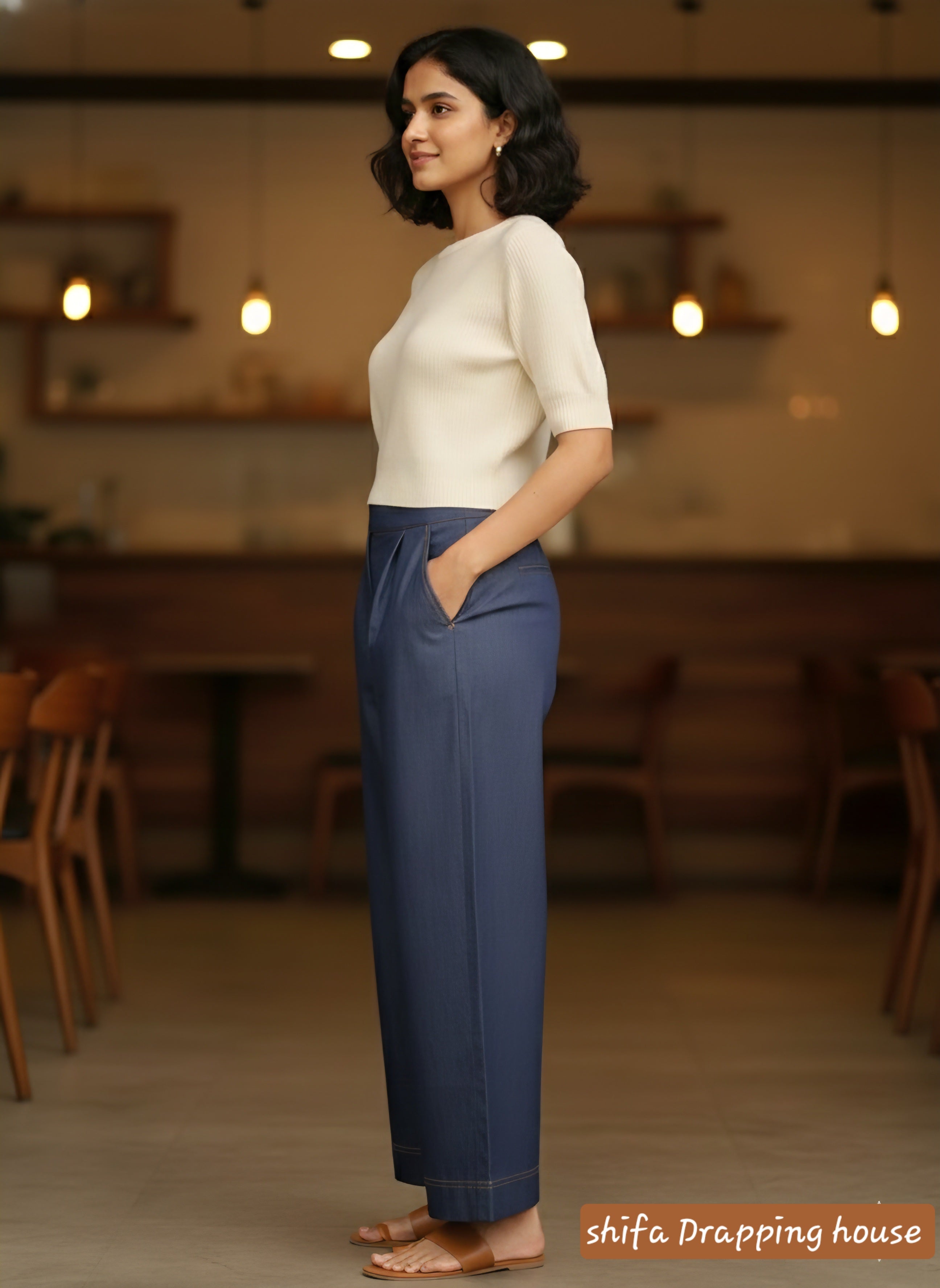 "Shifa Drapping House: Premium Soft Denim Palazzo Pants with Elasticated Back