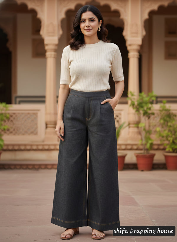 Premium Wide-Leg Denim Palazzo Trousers with Elasticated Back