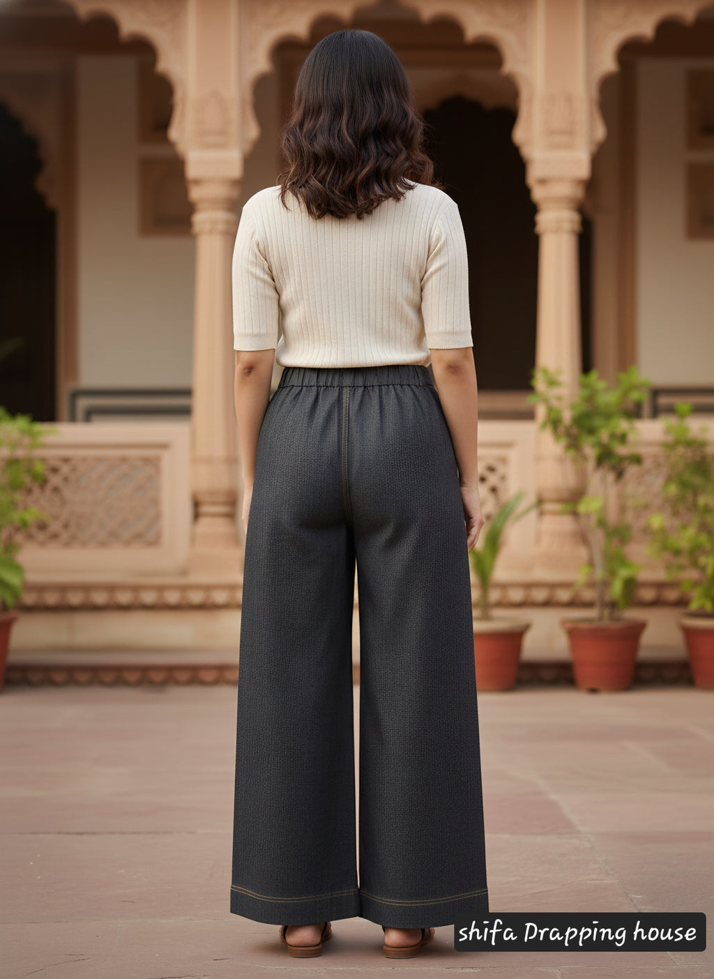 Premium Wide-Leg Denim Palazzo Trousers with Elasticated Back