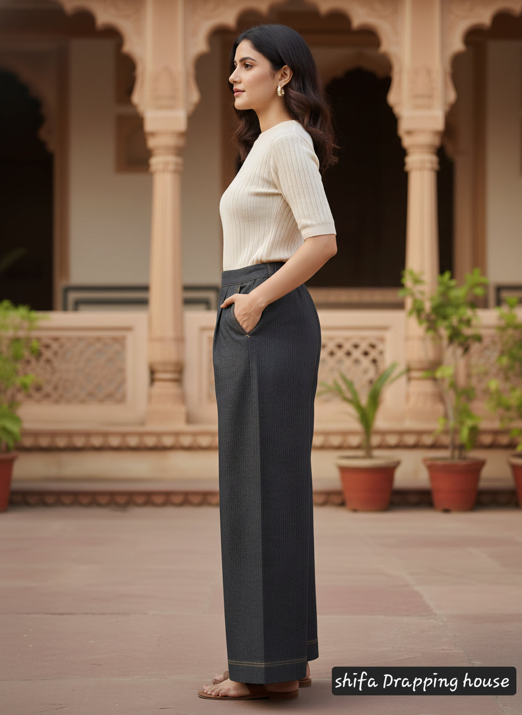 Premium Wide-Leg Denim Palazzo Trousers with Elasticated Back