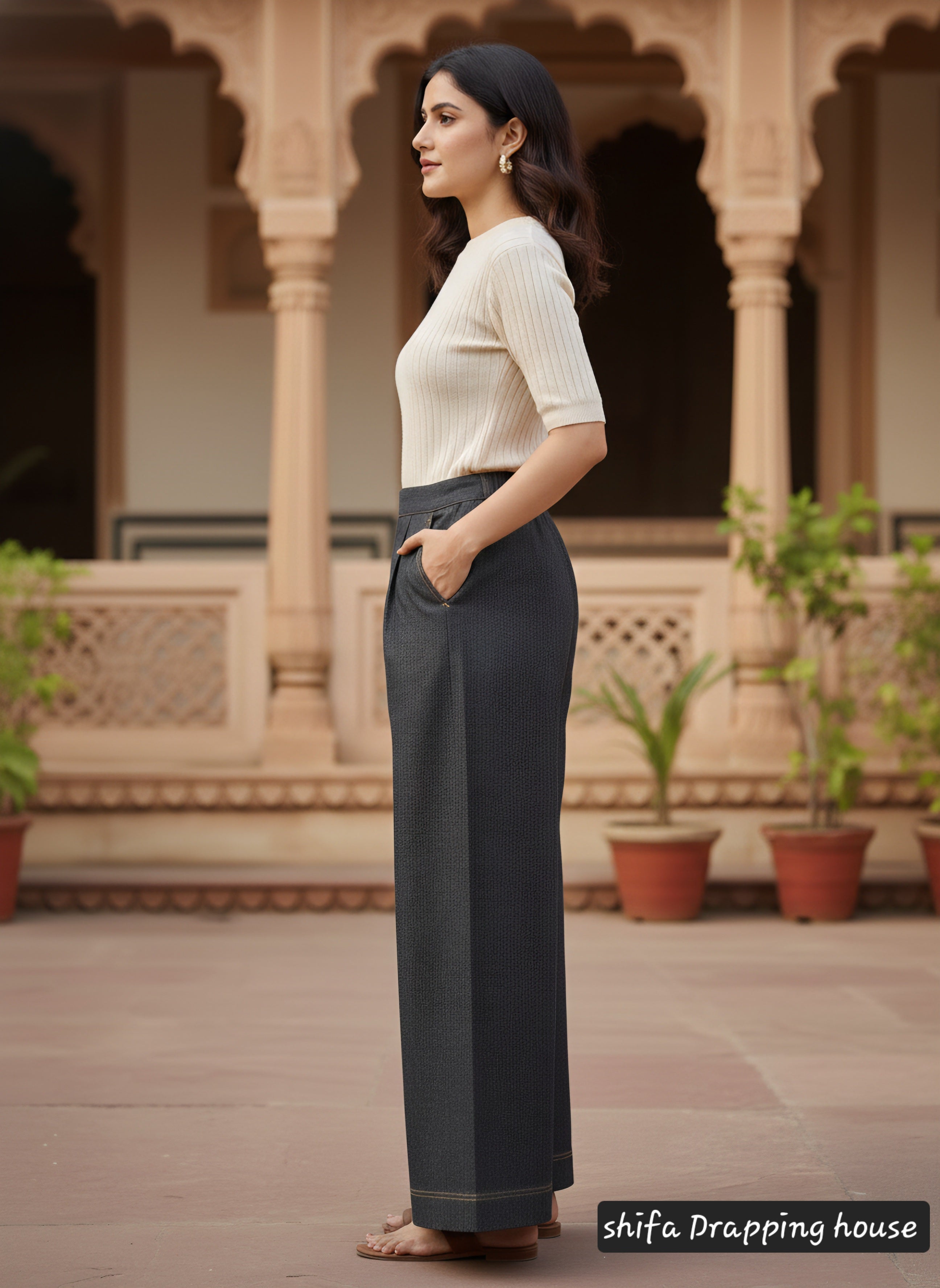 Premium Wide-Leg Denim Palazzo Trousers with Elasticated Back