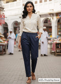 Shifa Drapping House: Comfortable Navy Denim Daily-Wear Pants