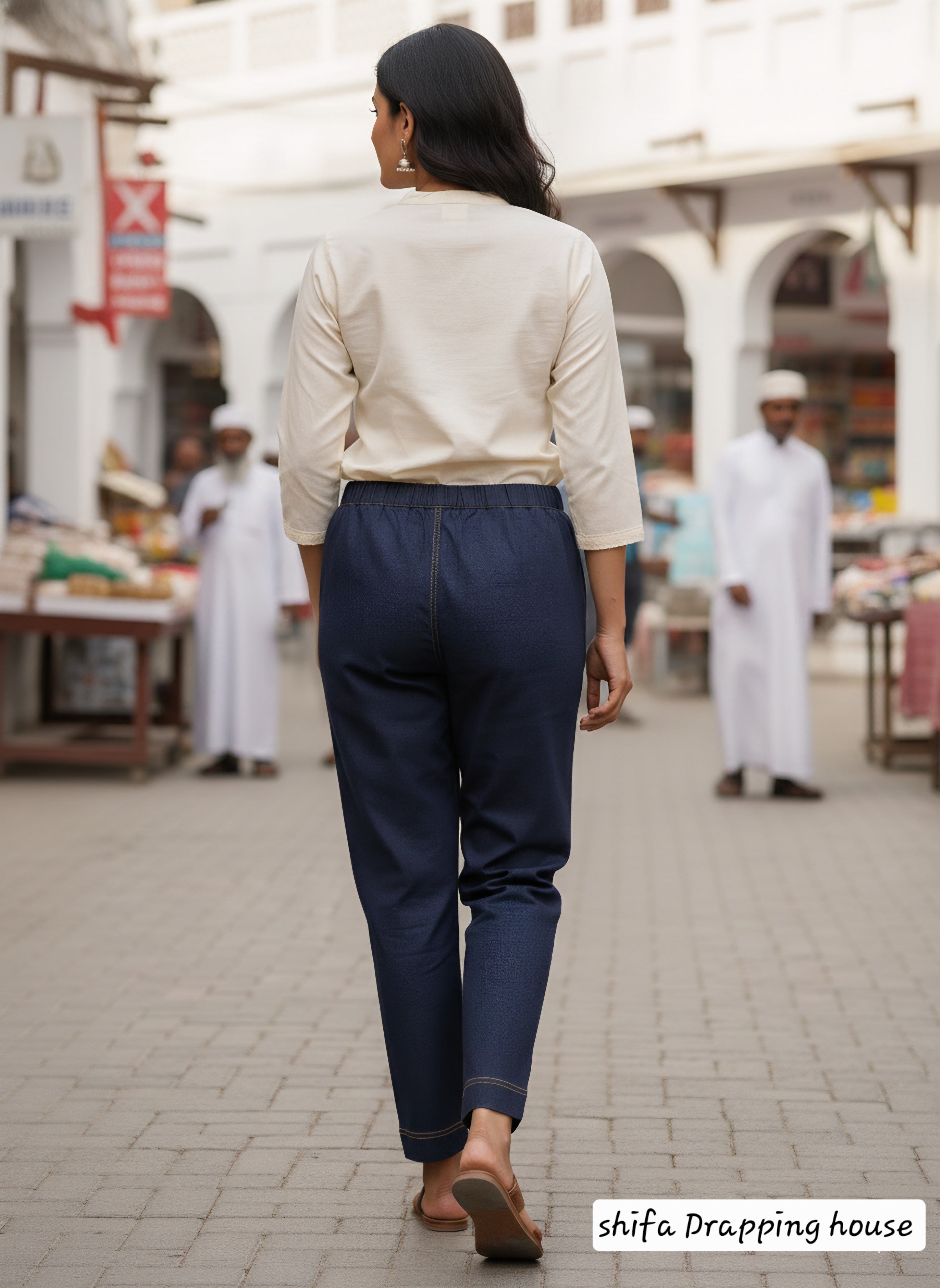 Shifa Drapping House: Comfortable Navy Denim Daily-Wear Pants