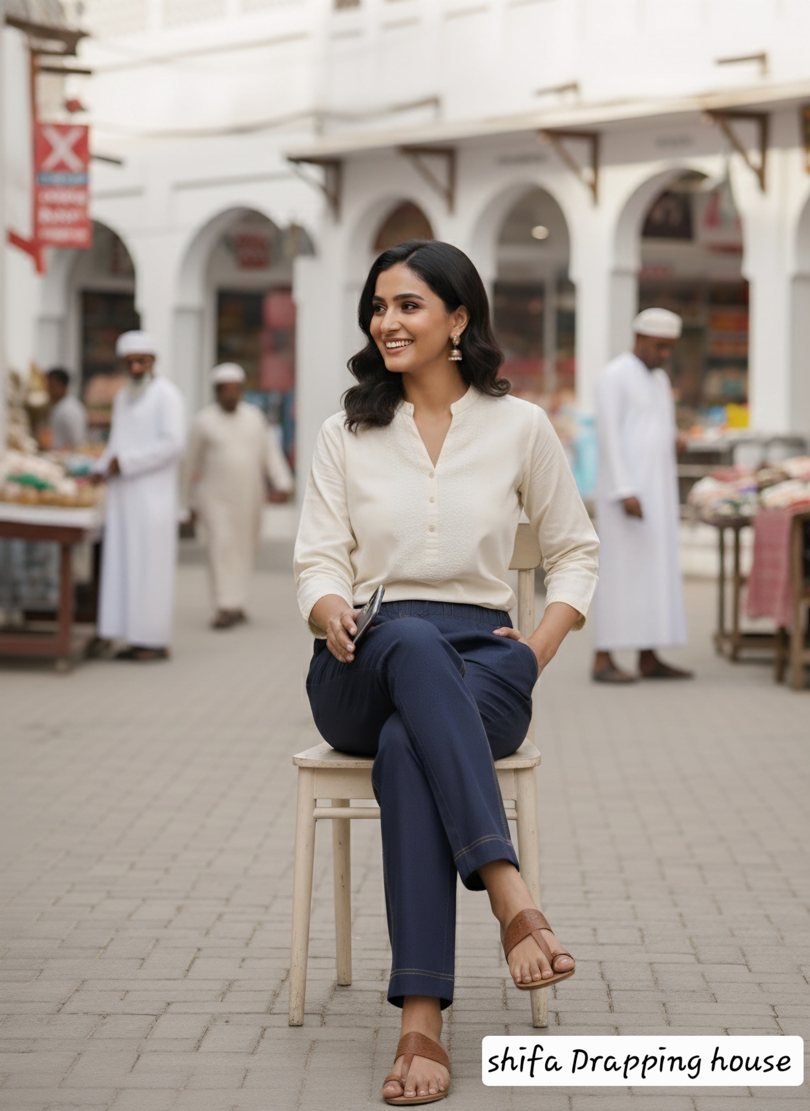 Shifa Drapping House: Comfortable Navy Denim Daily-Wear Pants