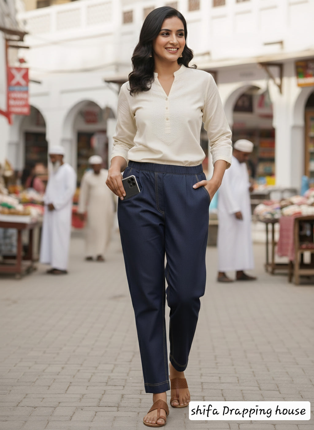 Shifa Drapping House: Comfortable Navy Denim Daily-Wear Pants