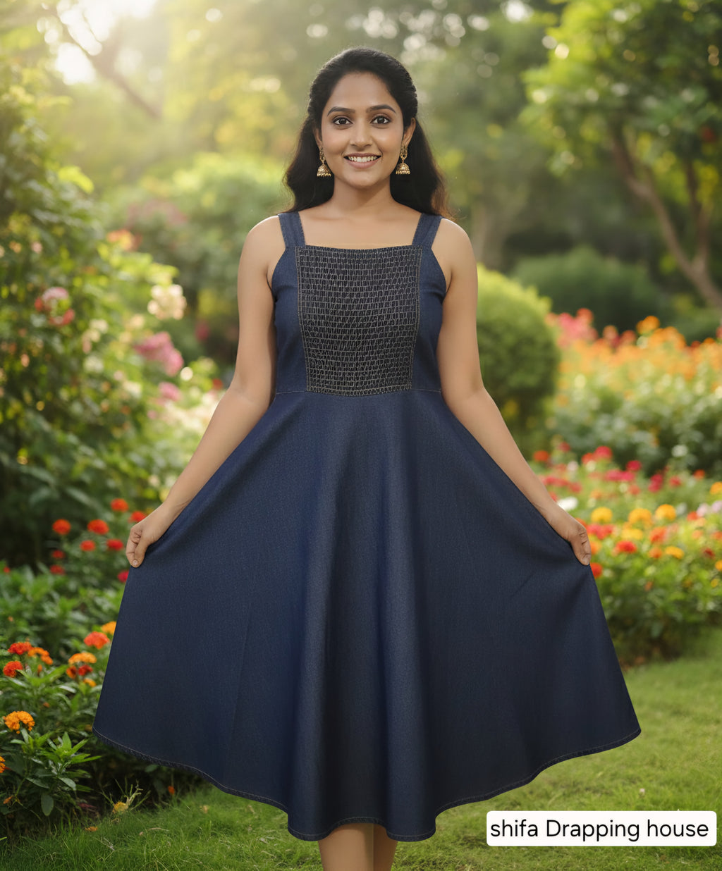 Elegant Indigo Denim Smocked Midi Dress - Fit & Flare Sleeveless Summer Dress