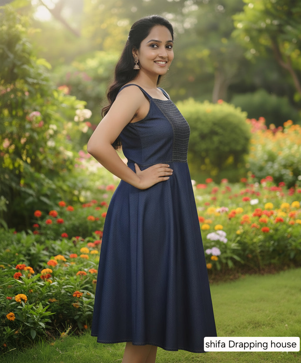 Elegant Indigo Denim Smocked Midi Dress - Fit & Flare Sleeveless Summer Dress