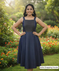 Elegant Indigo Denim Smocked Midi Dress - Fit & Flare Sleeveless Summer Dress