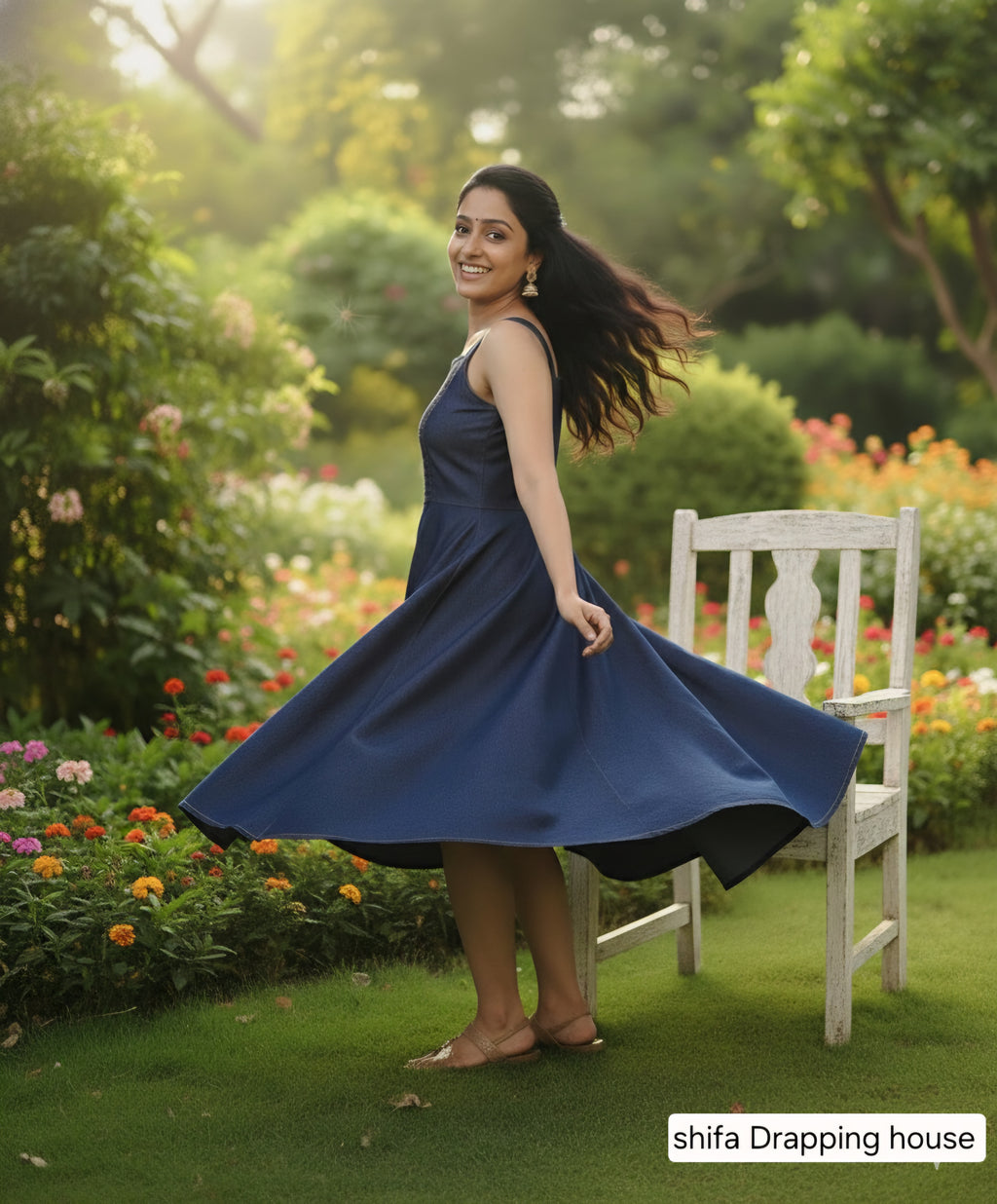 Elegant Indigo Denim Smocked Midi Dress - Fit & Flare Sleeveless Summer Dress