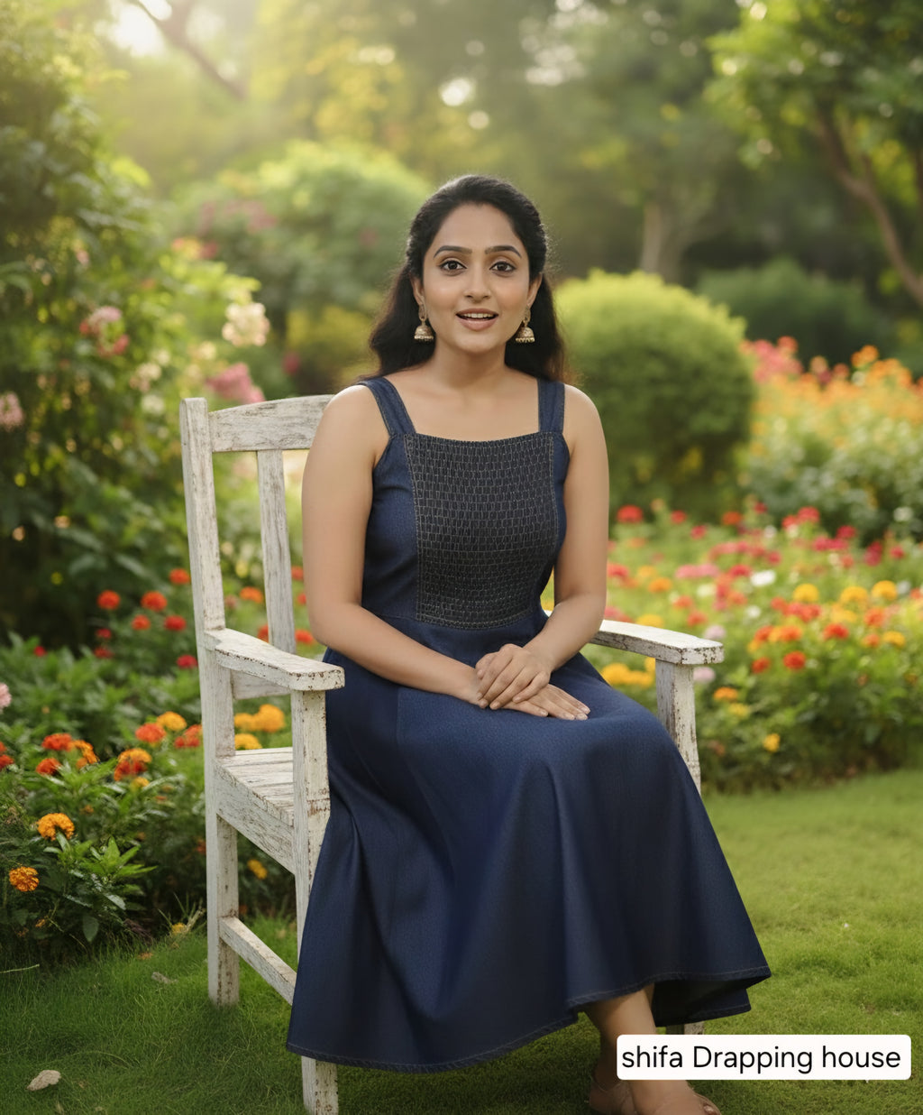 Elegant Indigo Denim Smocked Midi Dress - Fit & Flare Sleeveless Summer Dress