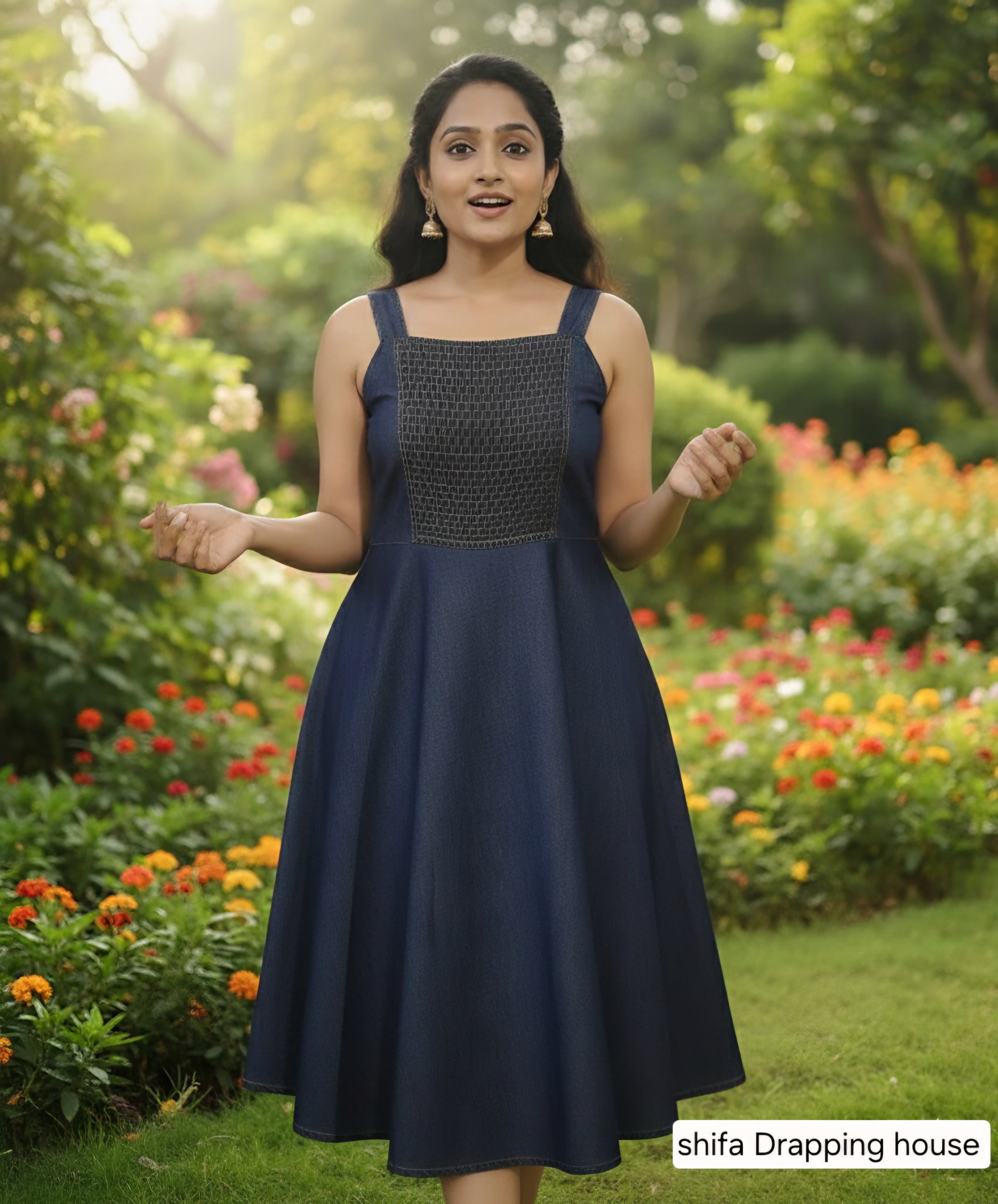 Elegant Indigo Denim Smocked Midi Dress - Fit & Flare Sleeveless Summer Dress