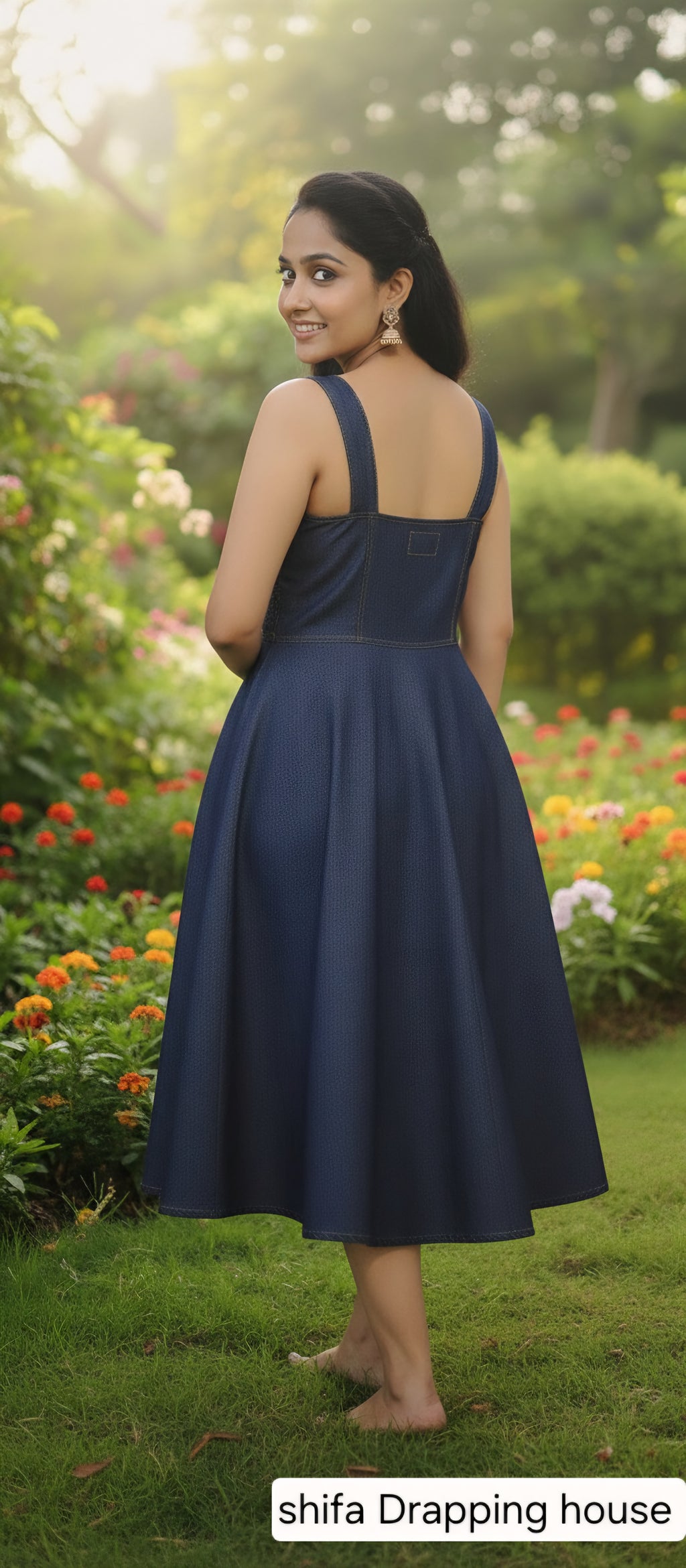 Elegant Indigo Denim Smocked Midi Dress - Fit & Flare Sleeveless Summer Dress