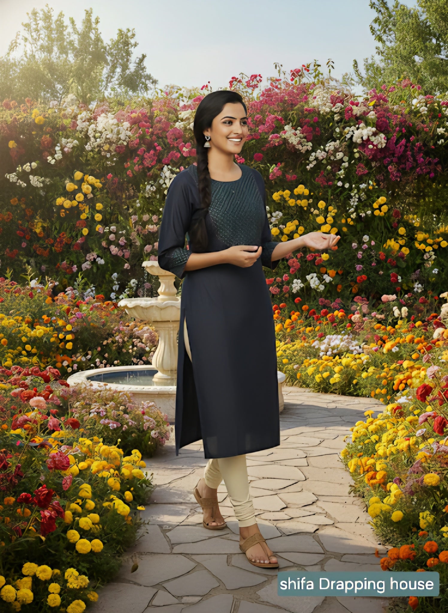 Shifa Drapping House Exclusive: Denim Blue Straight Fit Kurta