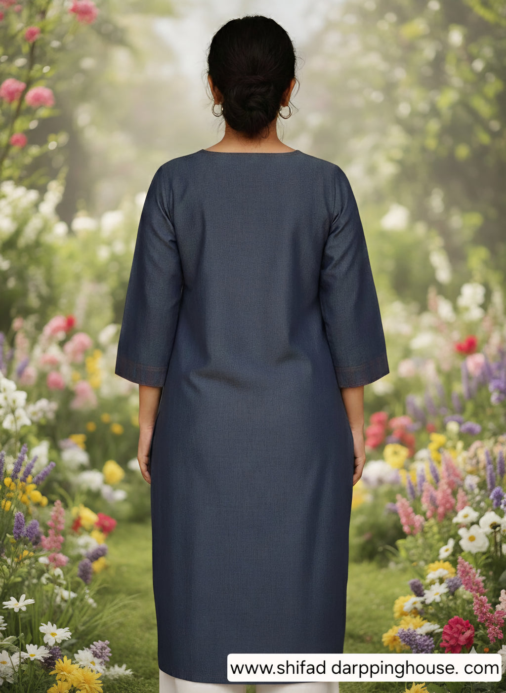 Shifa Draping House: Contrast Thread Straight Kurti. Denim Premium Indigo