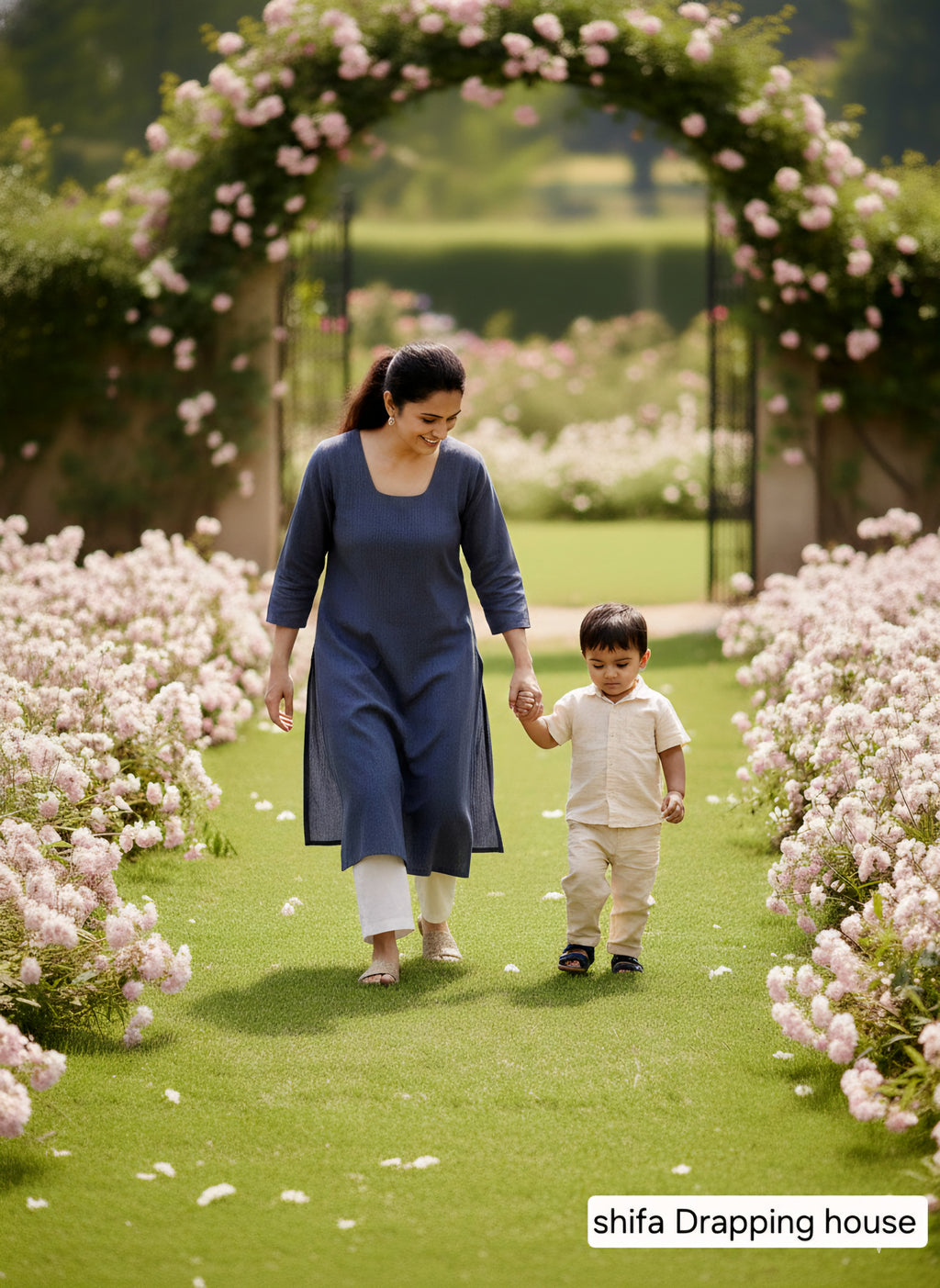 Shifa Draping House: Contrast Thread Straight Kurti. Denim Premium Indigo