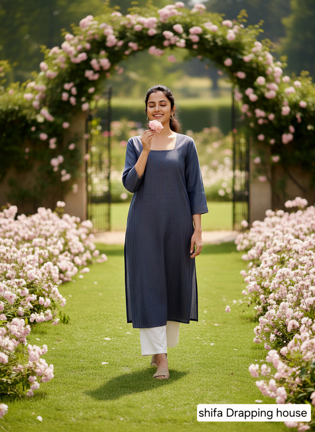 Shifa Draping House: Contrast Thread Straight Kurti. Denim Premium Indigo