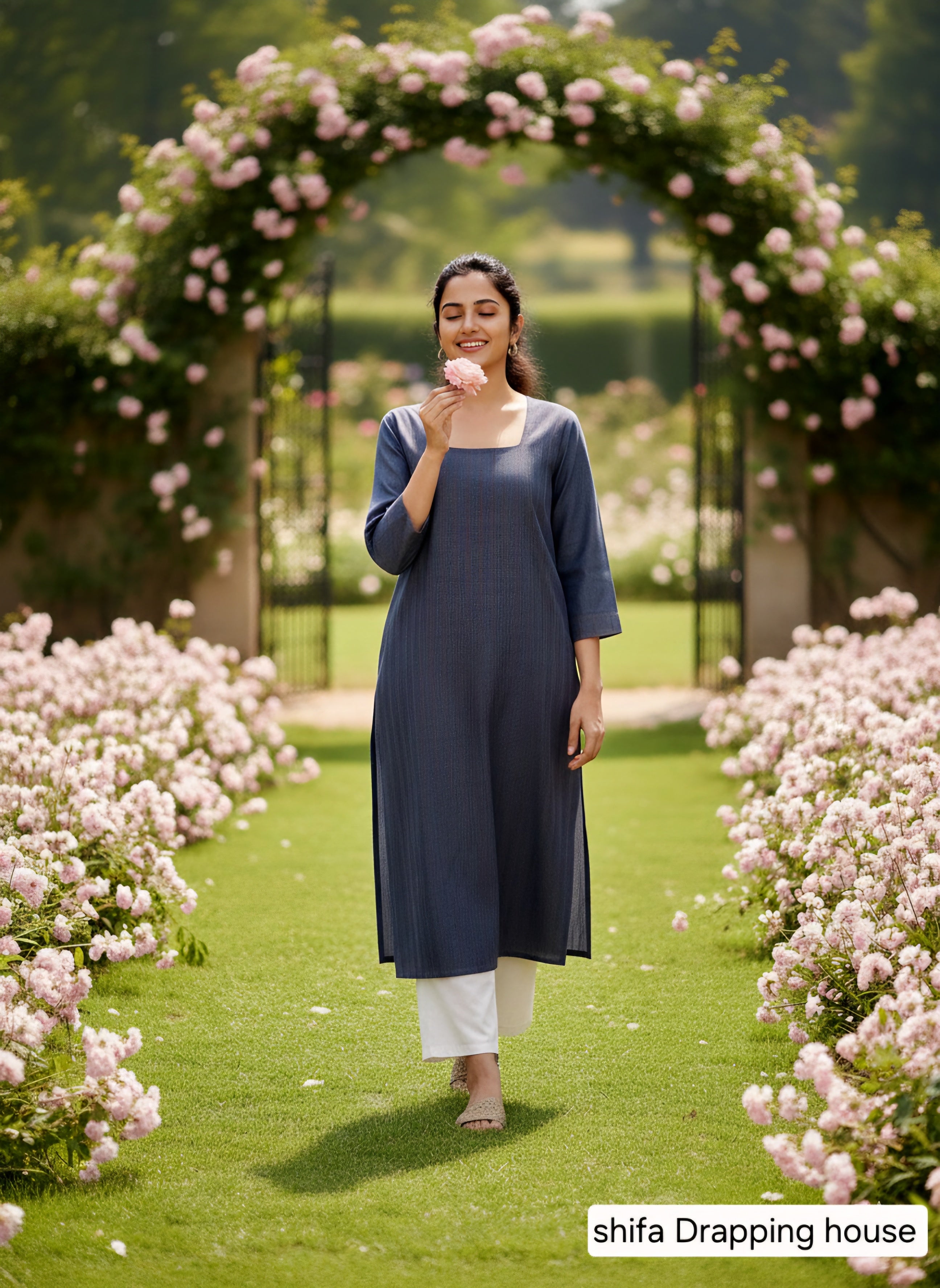 Shifa Draping House: Contrast Thread Straight Kurti. Denim Premium Indigo