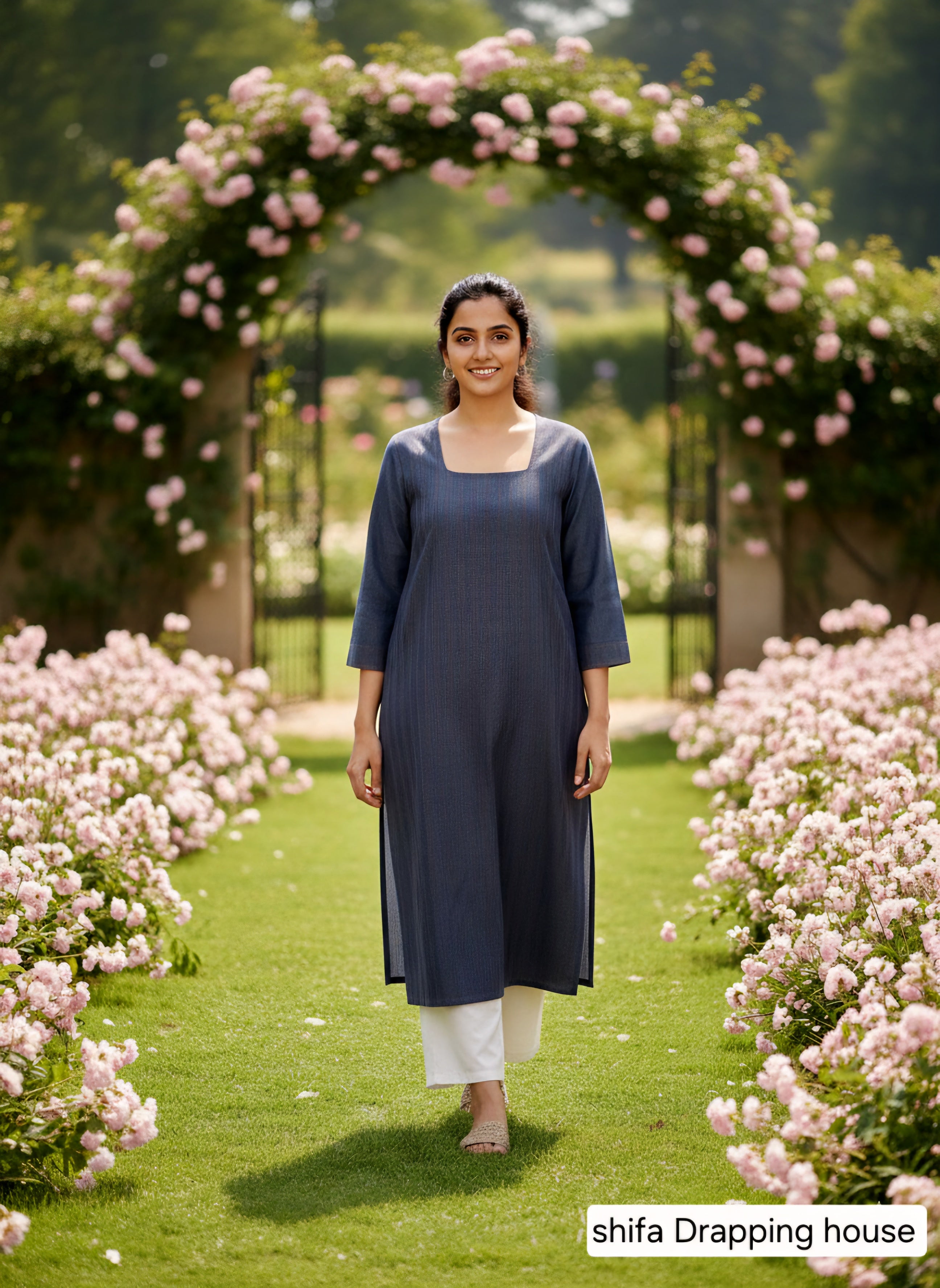 Shifa Draping House: Contrast Thread Straight Kurti. Denim Premium Indigo