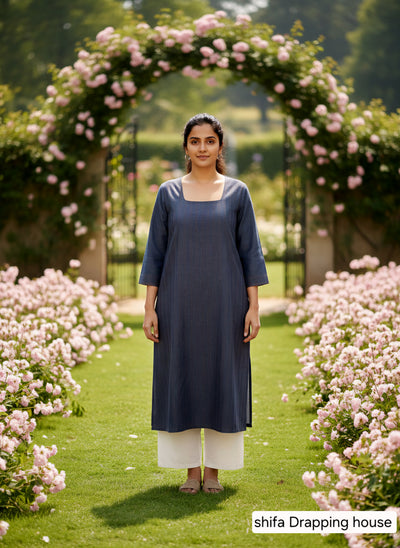 Shifa Draping House: Contrast Thread Straight Kurti. Denim Premium Indigo