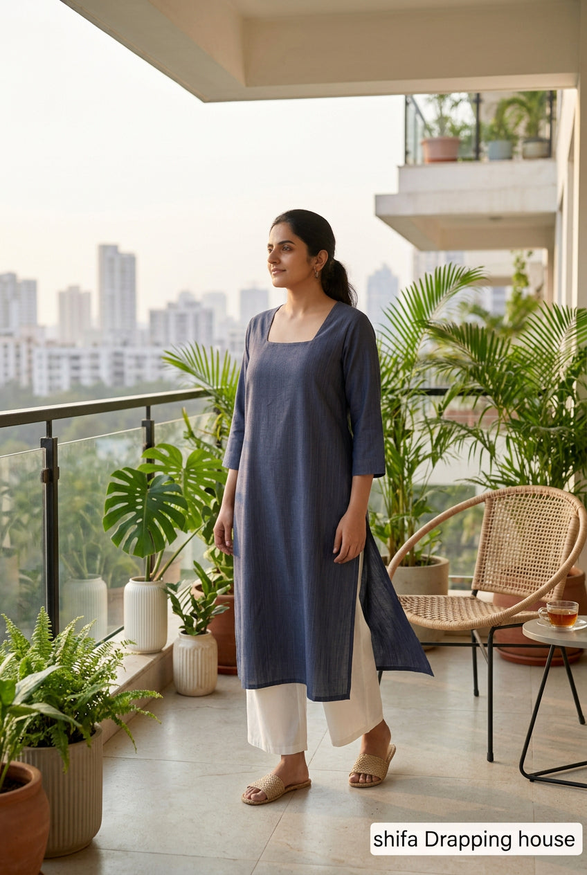 Shifa Draping House: Contrast Thread Straight Kurti. Denim Premium Indigo