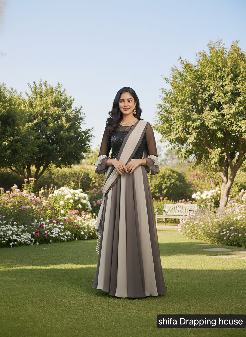 Shifa Draping House – Dual Tone Grey Georgette Gown with Sequin Bodice