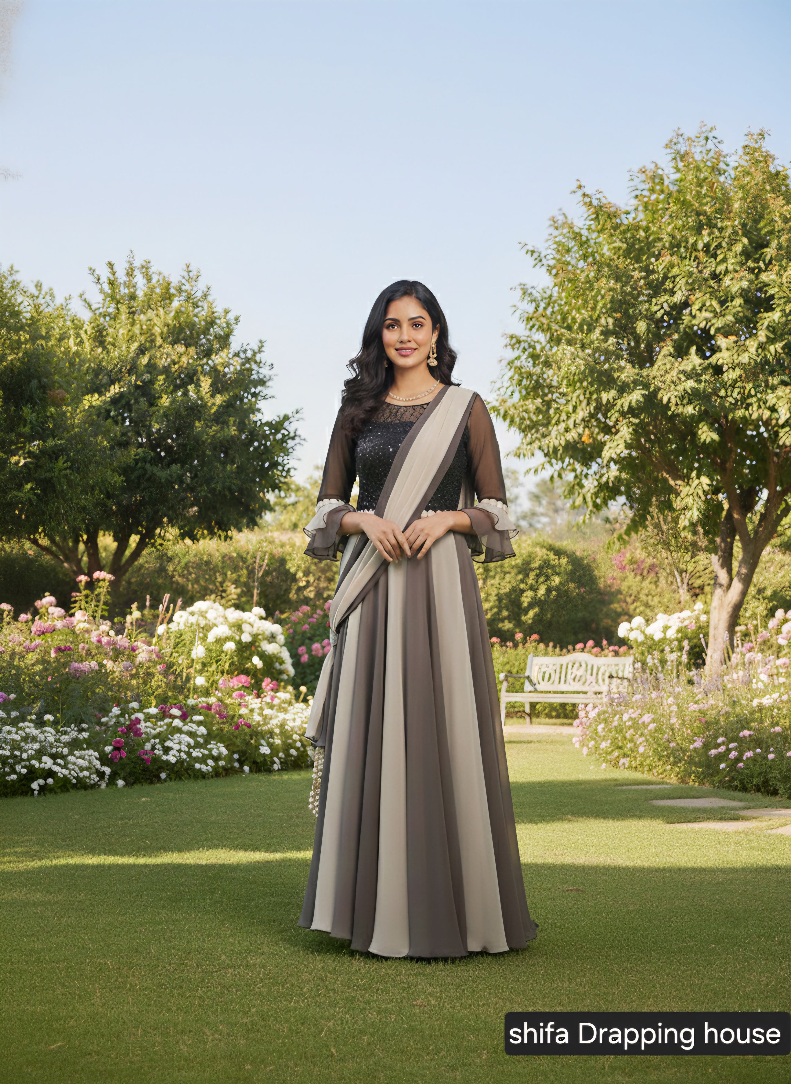 Shifa Draping House – Dual Tone Grey Georgette Gown with Sequin Bodice