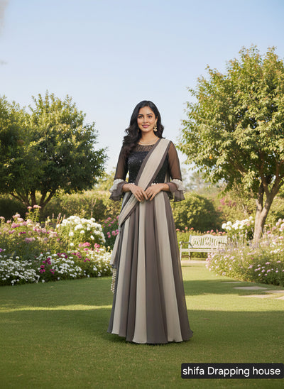 Shifa Draping House – Dual Tone Grey Georgette Gown with Sequin Bodice