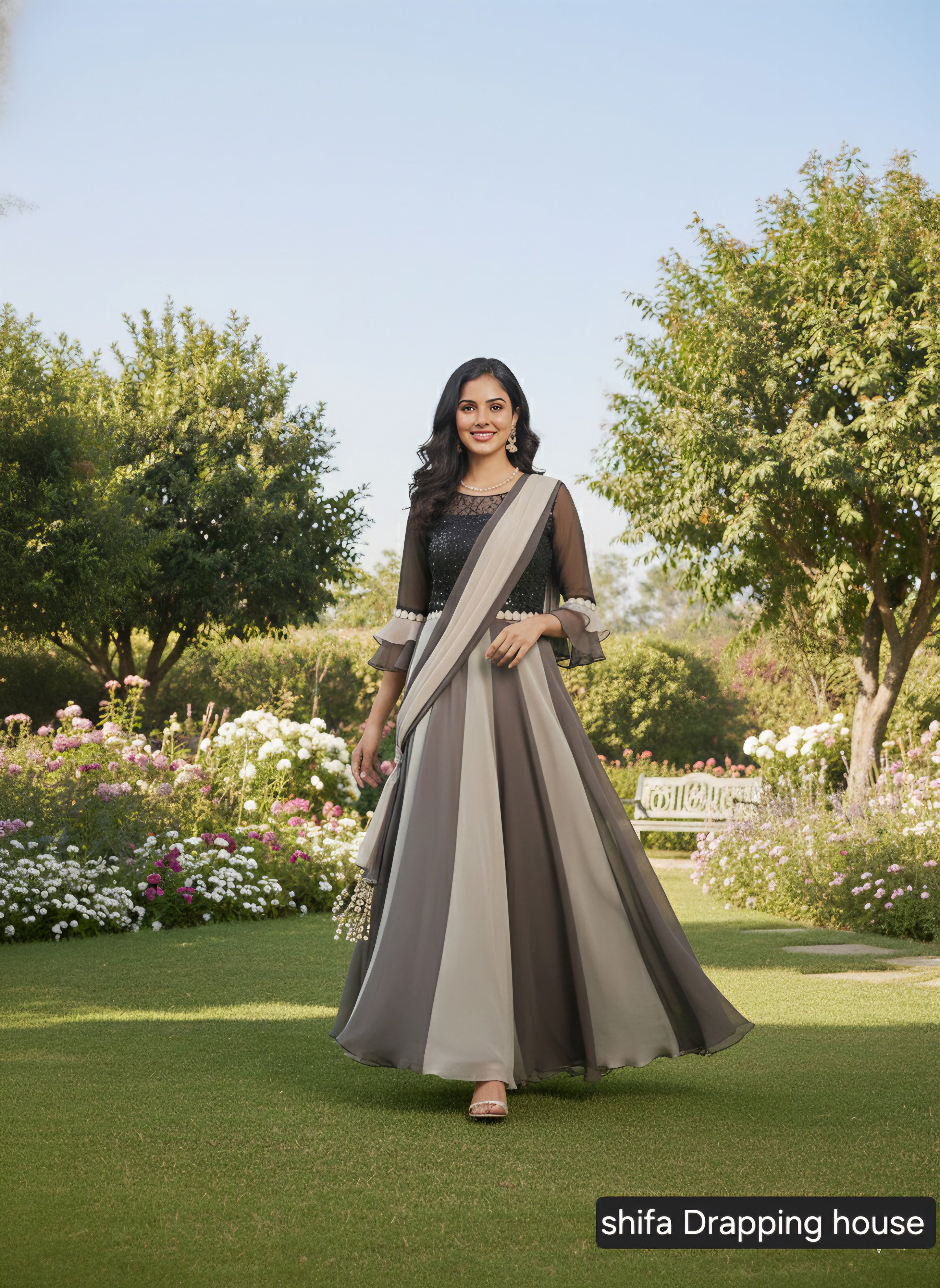 Shifa Draping House – Dual Tone Grey Georgette Gown with Sequin Bodice