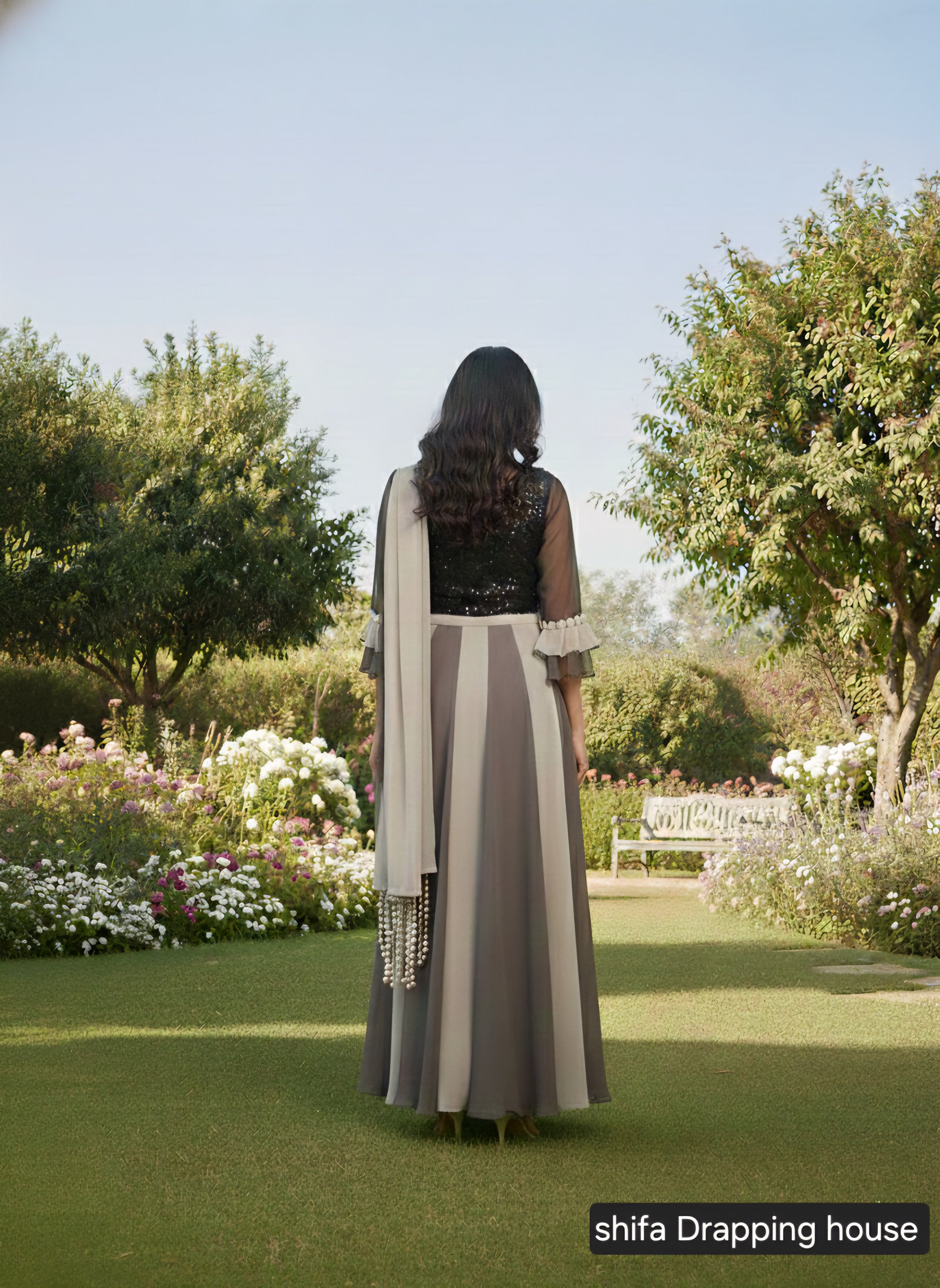 Shifa Draping House – Dual Tone Grey Georgette Gown with Sequin Bodice